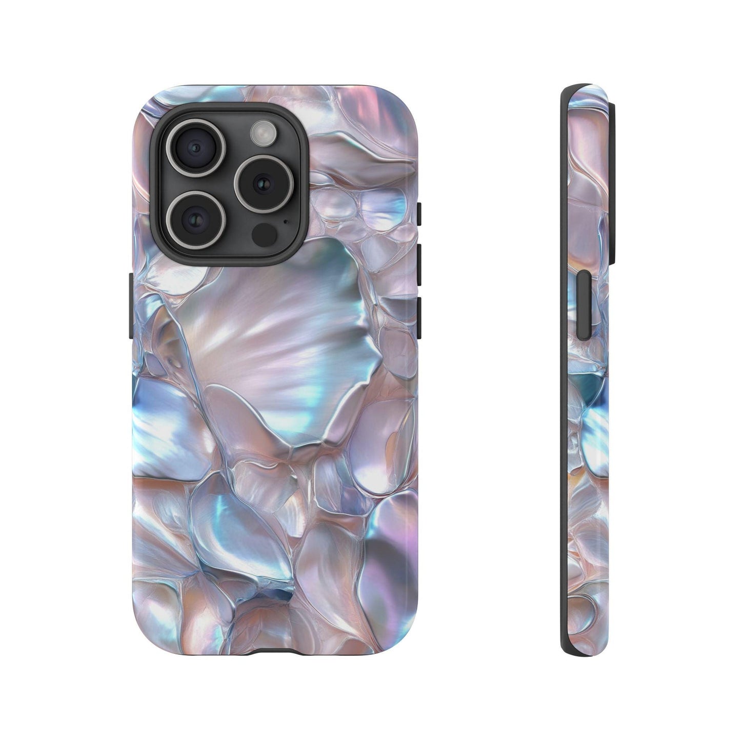 This June Birthstone Mother of Pearl Phone Case for iPhone 15 showcases a glossy, iridescent design with enchanting shades of purple and blue, capturing the essence of a pearl phone case from back and side angles.