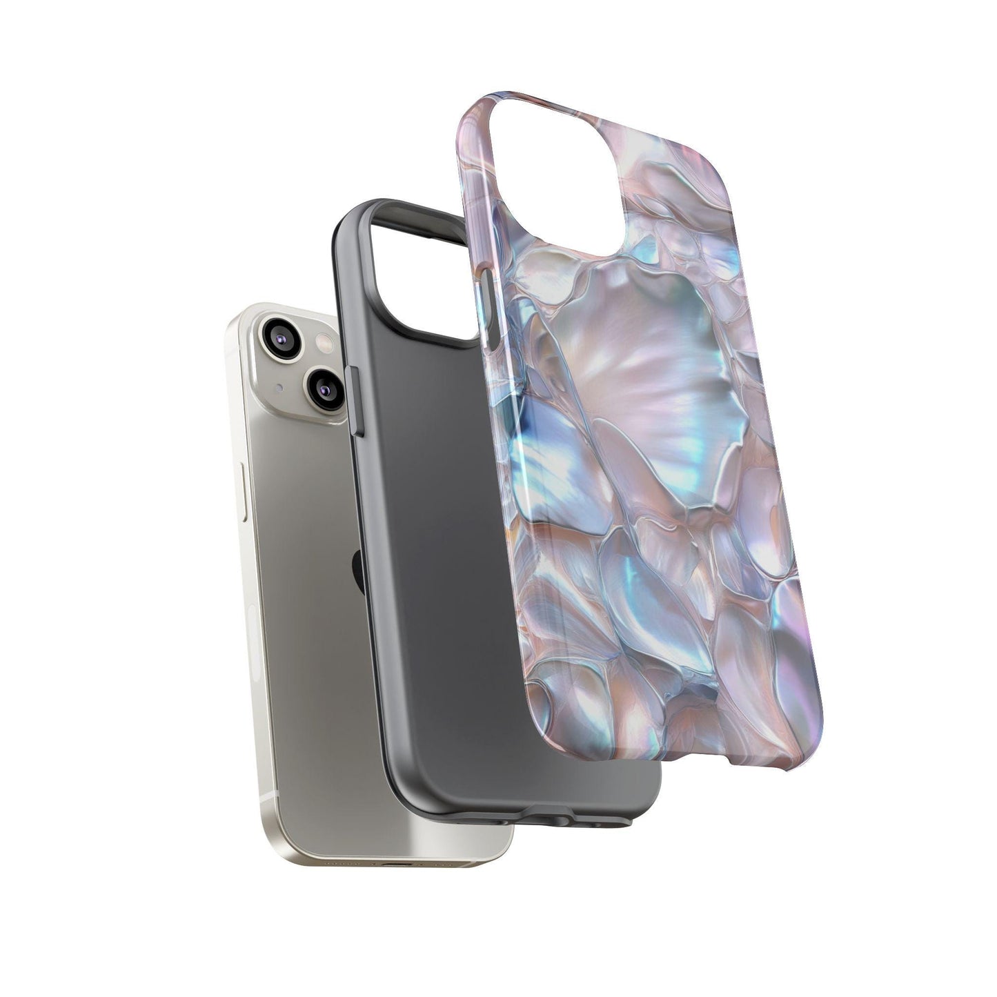 Smartphone with two cases: one plain gray and the other a June Birthstone Mother of Pearl Phone Case featuring a pearlescent pattern, perfect for pearlescent case enthusiasts.