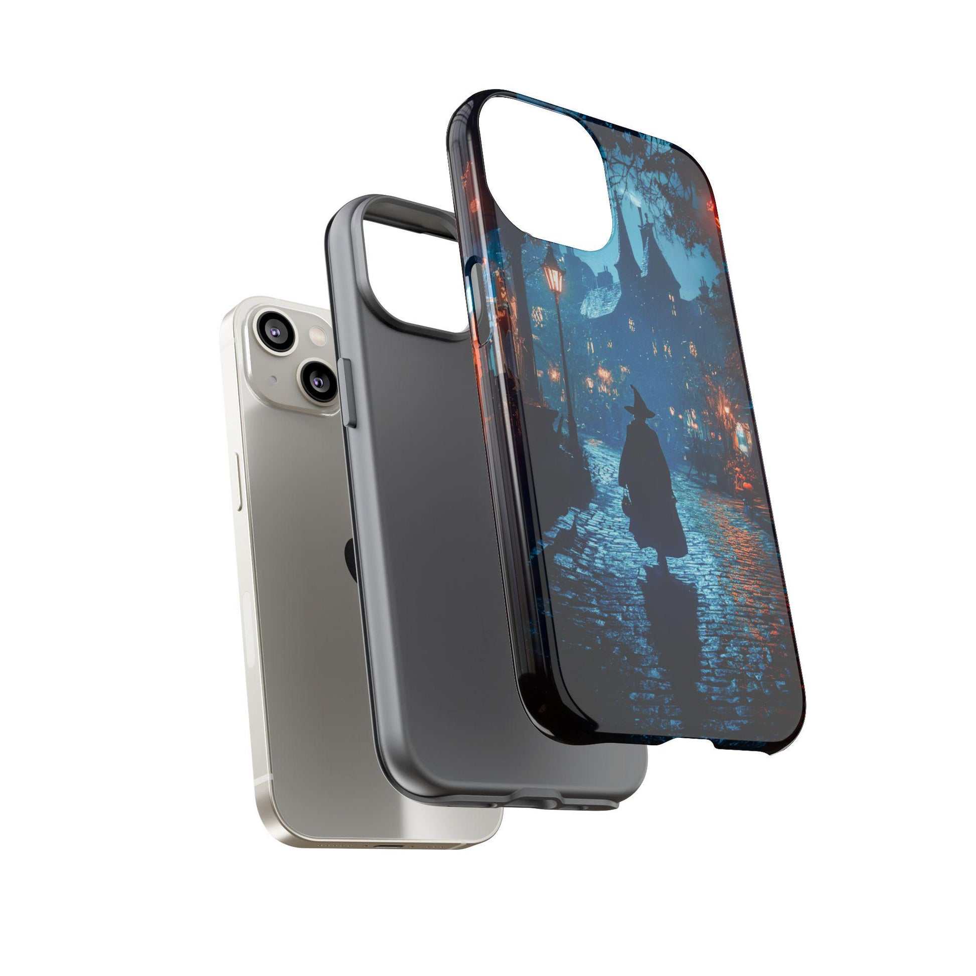 A stack of three smartphone cases, including two plain ones and the "Witch Walking In Town Halloween Phone Case," which features a silhouette of a person in a hat against a nighttime cityscape, perfectly embodies witchcore aesthetics.