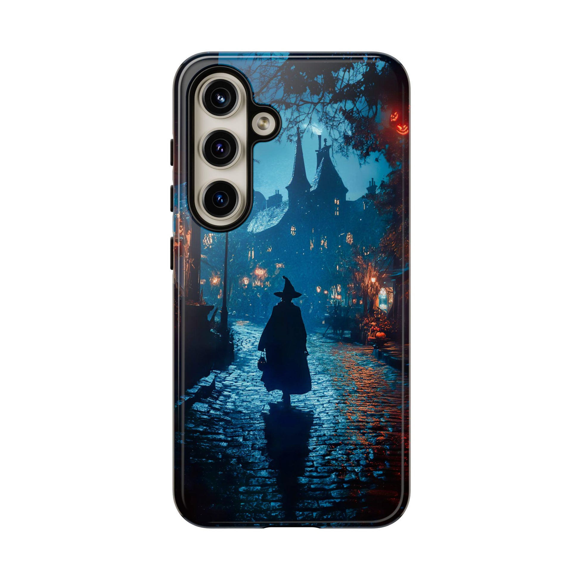This gothic phone case, named "Witch Walking In Town Halloween Phone Case," embodies witchcore aesthetics with a captivating design of a witch strolling down a cobblestone street at night, her silhouette dramatic against the muted glow of a gothic setting. Perfect for iPhone 15, 14, 13, Samsung Galaxy, and Google Pixel models, it's an ideal unique gift for those who adore dark academia and witchy themes.
