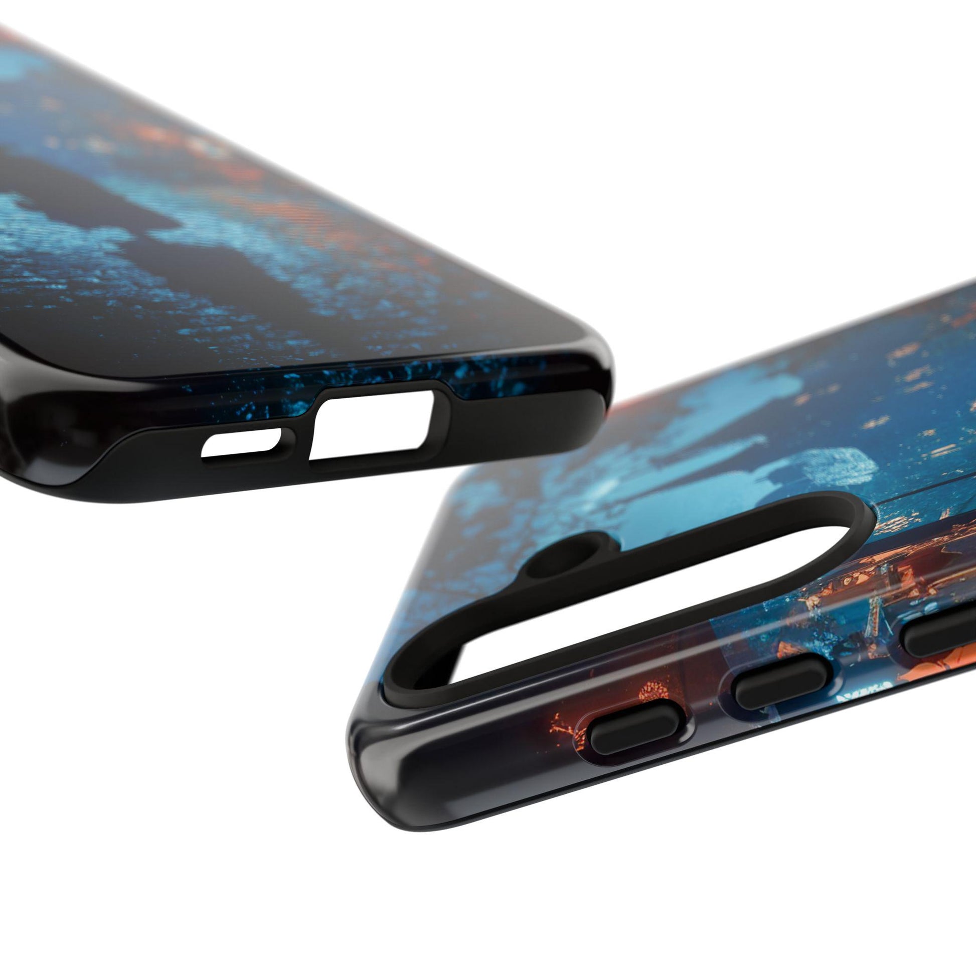 Two phone cases featuring dark academia-inspired designs with abstract blue and orange hues, complete with cutouts for buttons and camera, infuse your device with witchcore aesthetics.