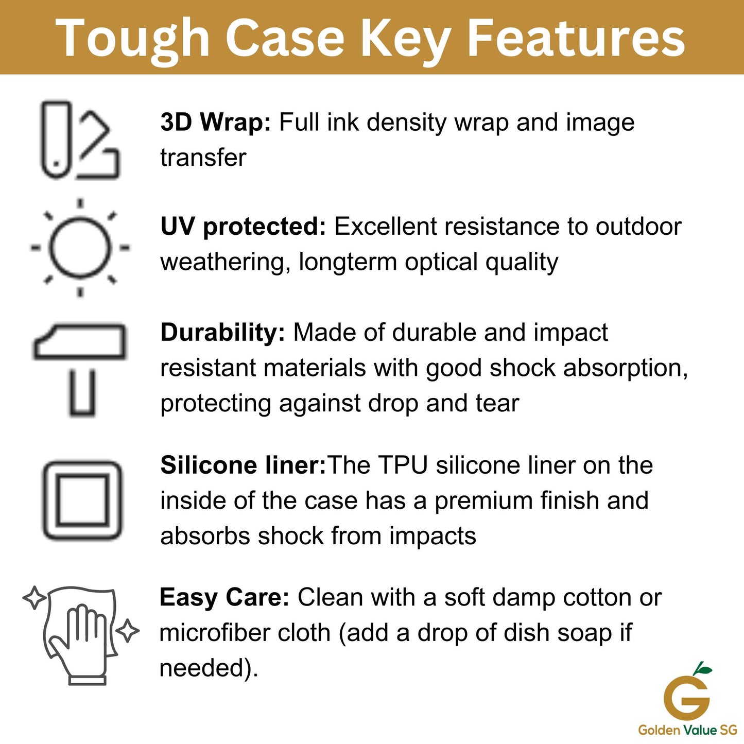 Infographic titled "Tough Case Key Features" for the July Birthstone Ruby Crystal Geode Design Phone Case, highlighting its 3D wrap, UV protection, durability, silicone liner, and easy care. Simple icons illustrate each feature of this exquisite gemstone phone case designed for iPhone 15/14/13, Samsung, and Google Pixel models.