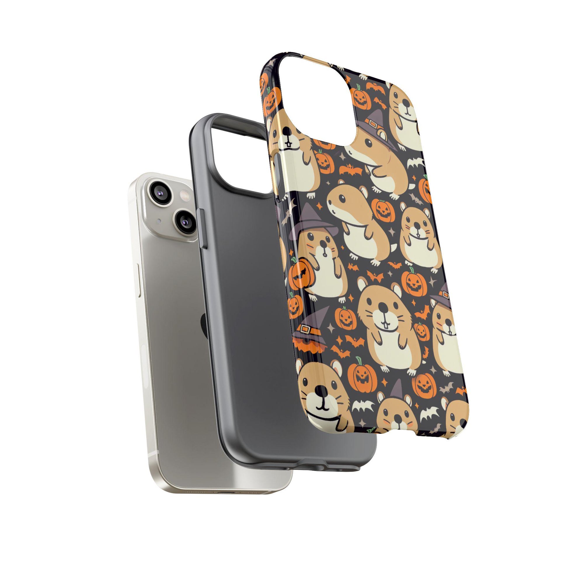 Two phone cases: a plain dark one and the "Halloween Cute Hamster Phone Case," which features a vibrant Halloween-themed design with a kawaii hamster, dog, and pumpkin. Perfect as a gift for hamster lovers. Displayed with a sleek silver phone.