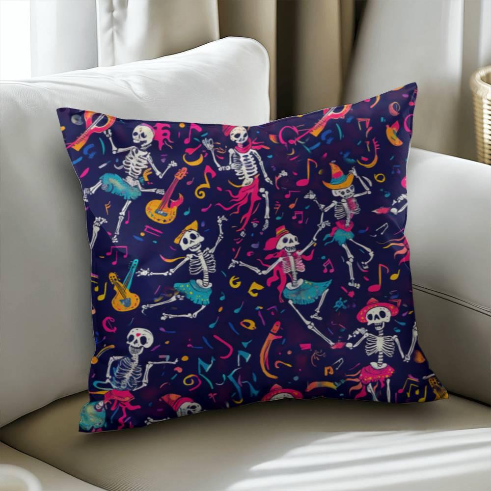 The Dancing Skeleton Pillow, featuring spooky decorative accents, adorns a sofa with its vibrant pattern of skeletons dancing with musical instruments and notes, making it an ideal addition for Halloween flair.