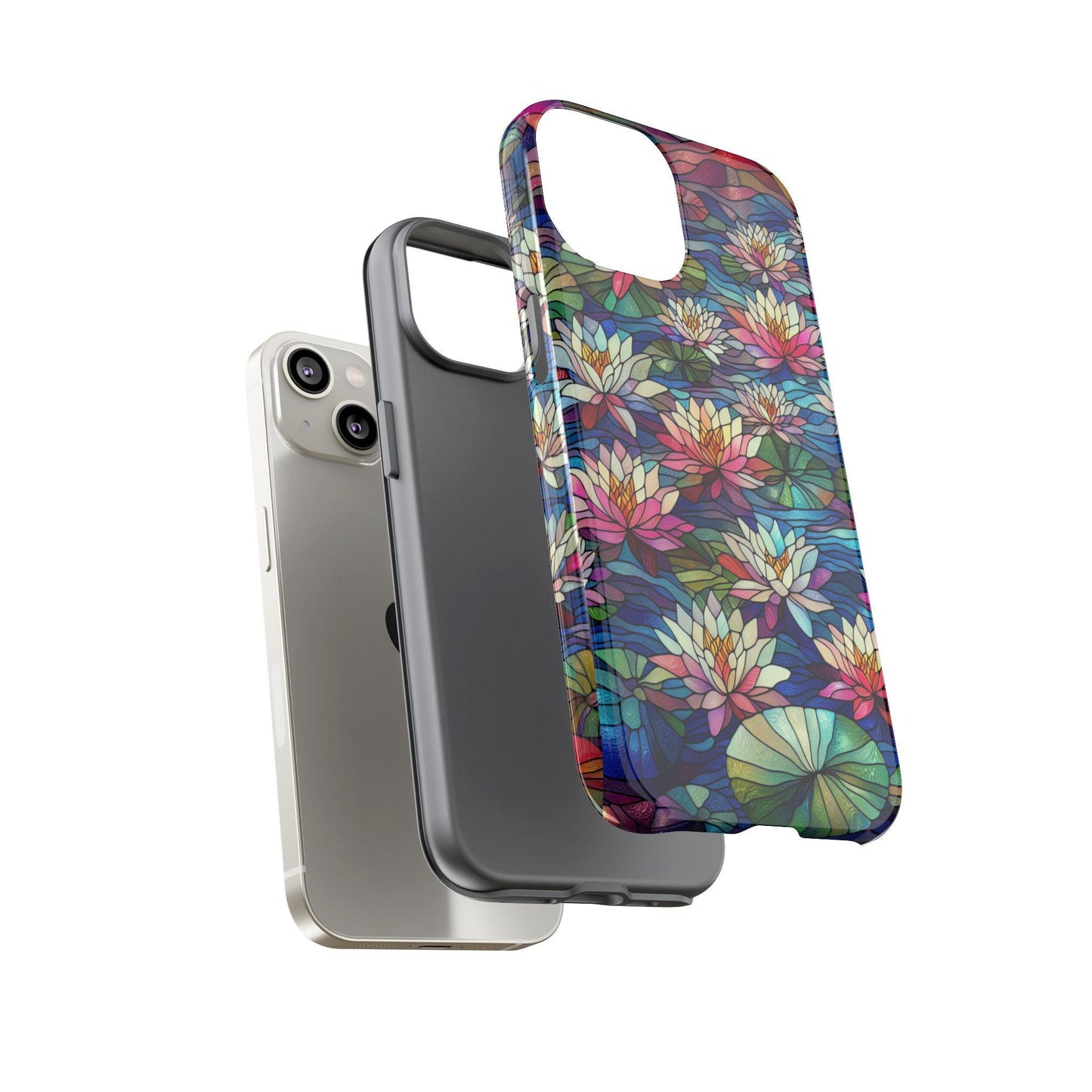 The iPhone showcases three distinct phone cases: a plain white, a solid gray, and the vibrant "July Birth Flower Water Lily Wildflower Stained Glass" design that beautifully captures the essence of July's birth flower.