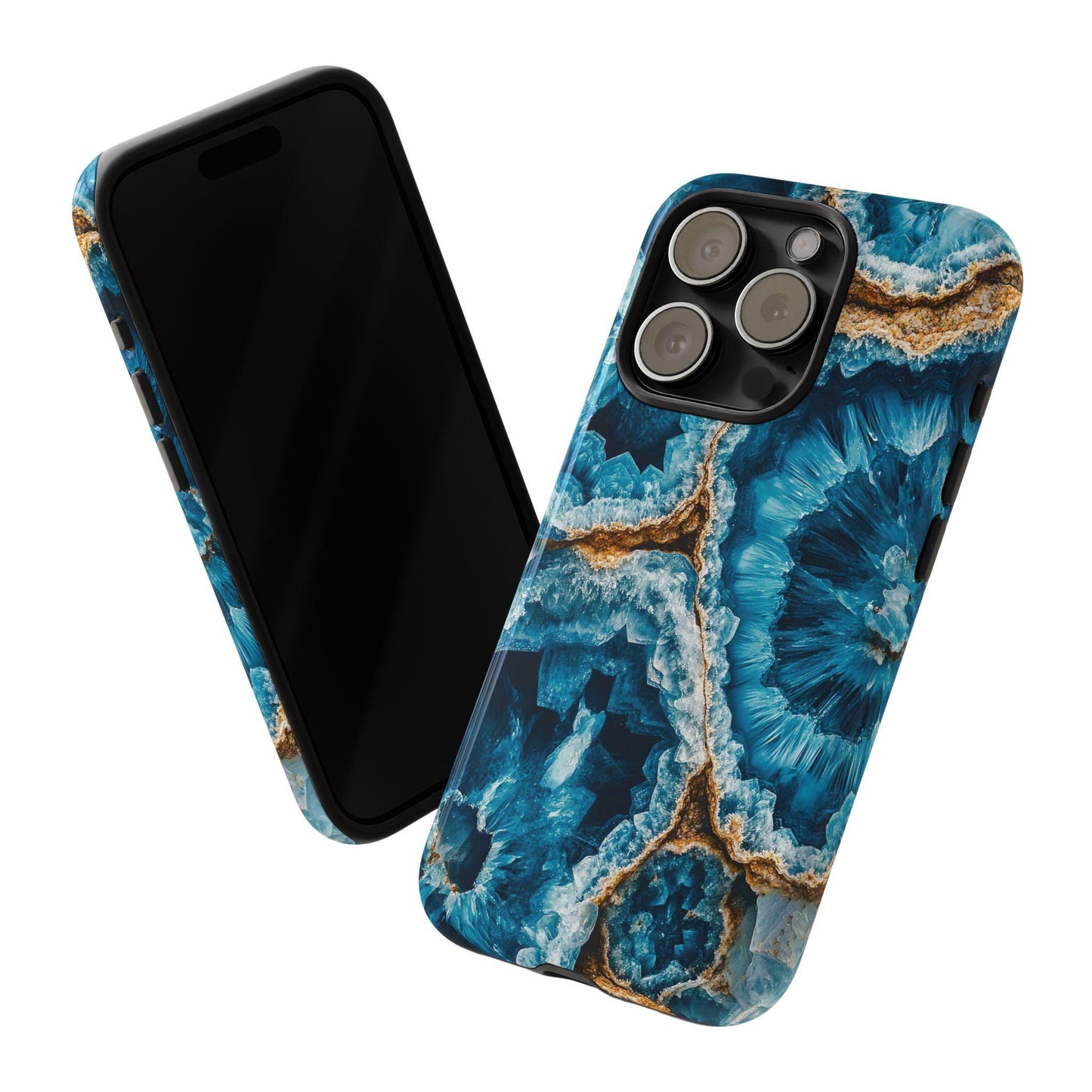 The March Birthstone Aquamarine Crystal Geode Design Phone Case for iPhone 15, 14, 13, Samsung, and Google Pixel showcases a stunning aquamarine crystal geode pattern. One smartphone reveals the screen while the other emphasizes the back camera, making this gemstone phone case ideal for those who adore their March birthstone in every detail.