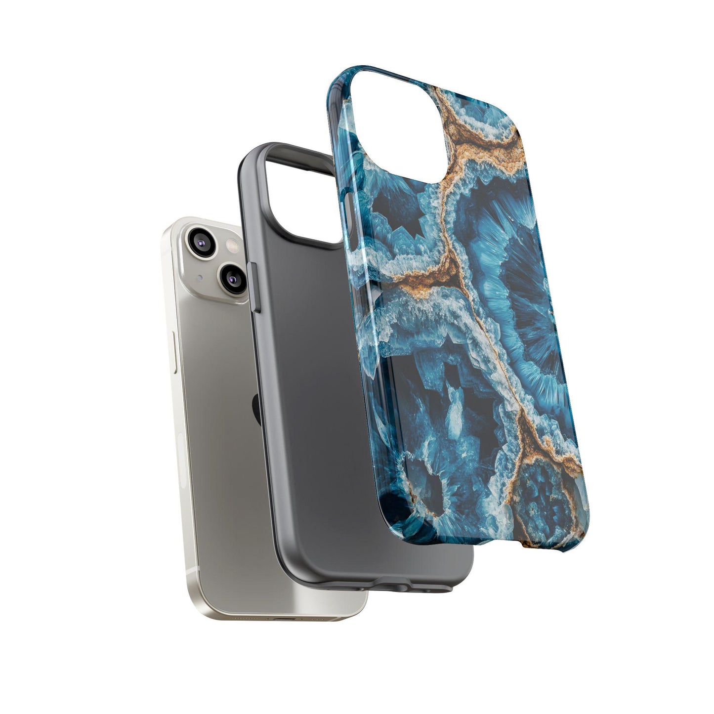 The display features three phone cases: a blue and brown agate-patterned Geode Phone Case designed for aquamarine lovers, one transparent case, and a sleek silver phone.