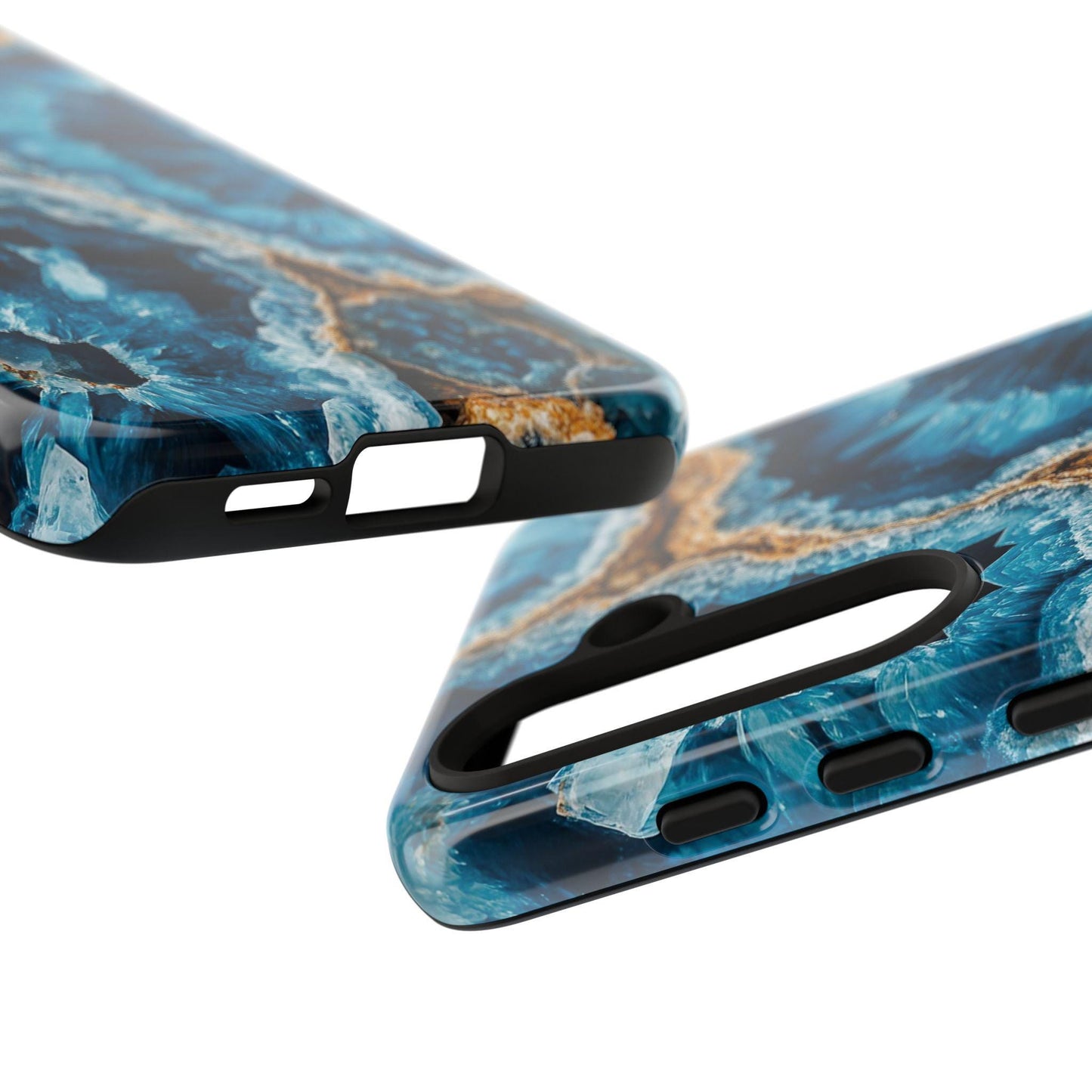The March Birthstone Aquamarine Crystal Geode Design Phone Cases for iPhone 15, 14, 13, Samsung, and Google Pixel feature a striking blue and brown marbled pattern that evokes an aquamarine crystal geode. Showcasing views from the side and edge, these cases are designed with precise camera and button cutouts to ensure full functionality. Perfect for aquamarine lovers!