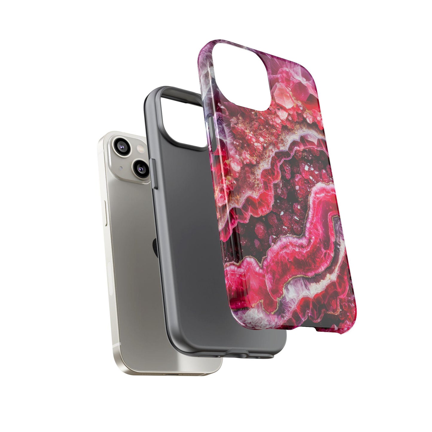 Floating image showcasing a smartphone with a sleek black design and an eye-catching pink marbled casing, reminiscent of the elegance found in the July Birthstone Ruby Crystal Geode Design Phone Case.