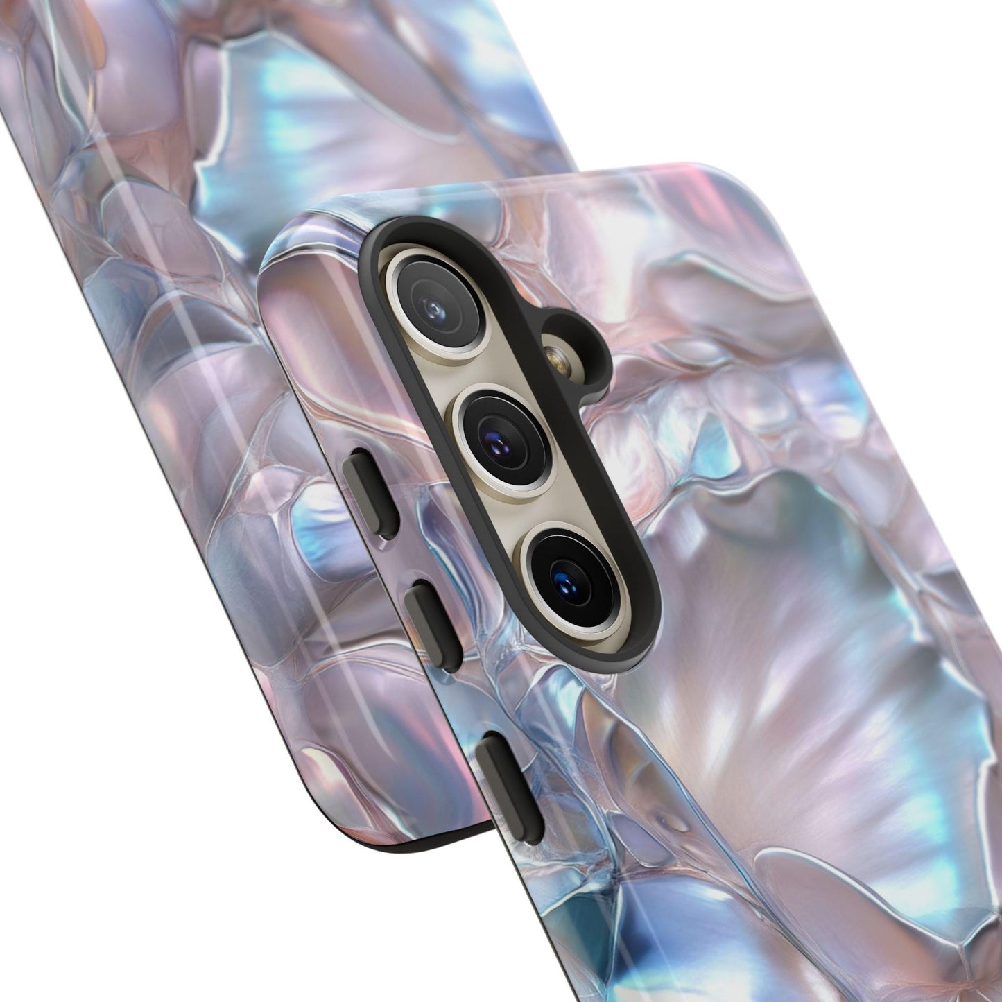 Close-up of two smartphones featuring the "June Birthstone Mother of Pearl Phone Case," showcasing an iridescent, pearl-like pattern that shimmers elegantly across iPhone 15 devices.