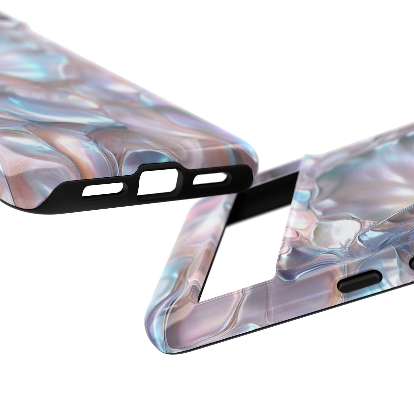 Two June Birthstone Mother of Pearl Phone Cases, showcasing iridescent abstract patterns in shades of blue, purple, and pink, are displayed facing each other on a white background. Each pearlescent phone case offers a unique touch of elegance, perfect for complementing the sleek design of your iPhone 15.