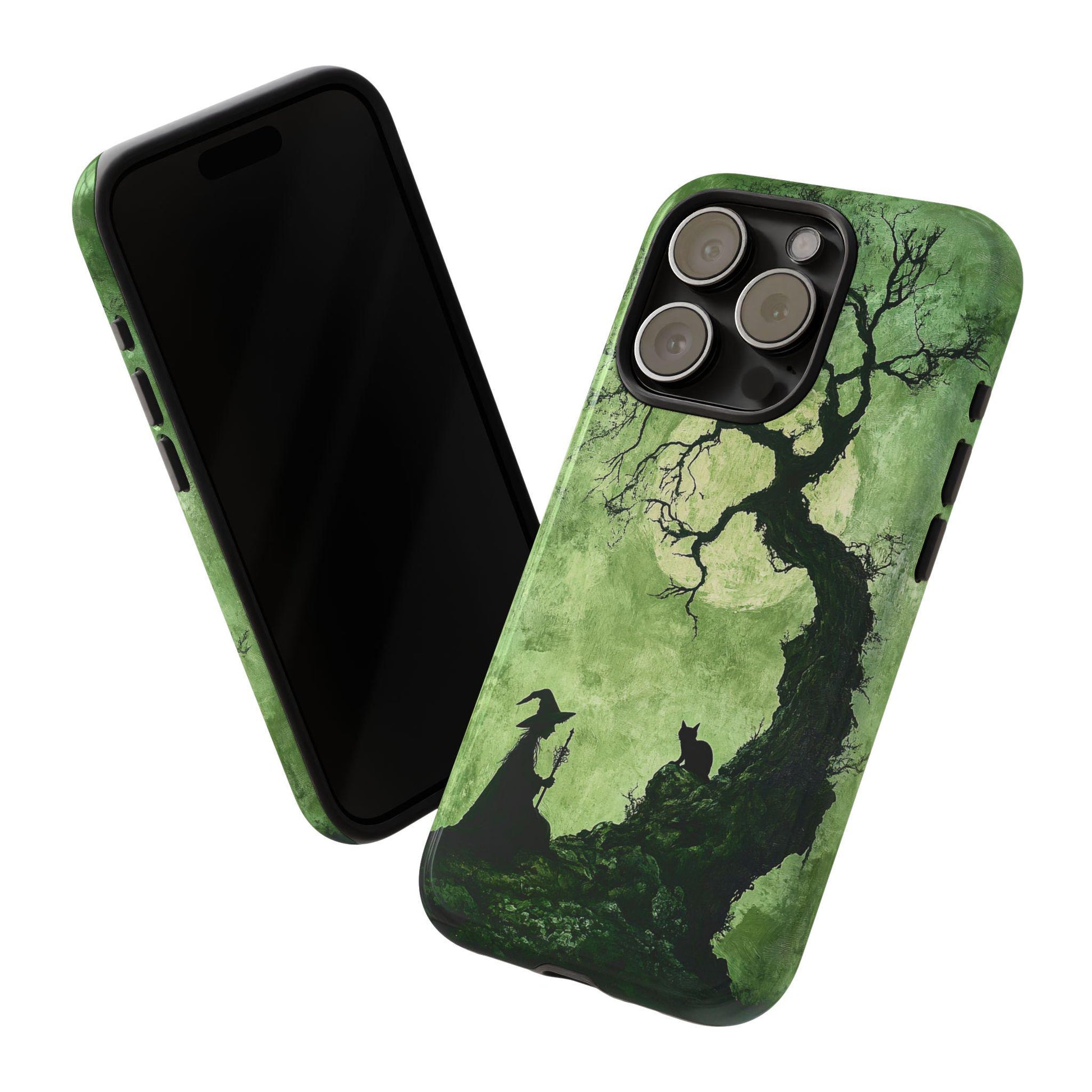 These Spooky Witch With Black Cat phone cases, loved by fans of black cats, feature a spooky witch silhouette and her feline companion beneath a twisted tree, making them perfect for adding a Halloween vibe.