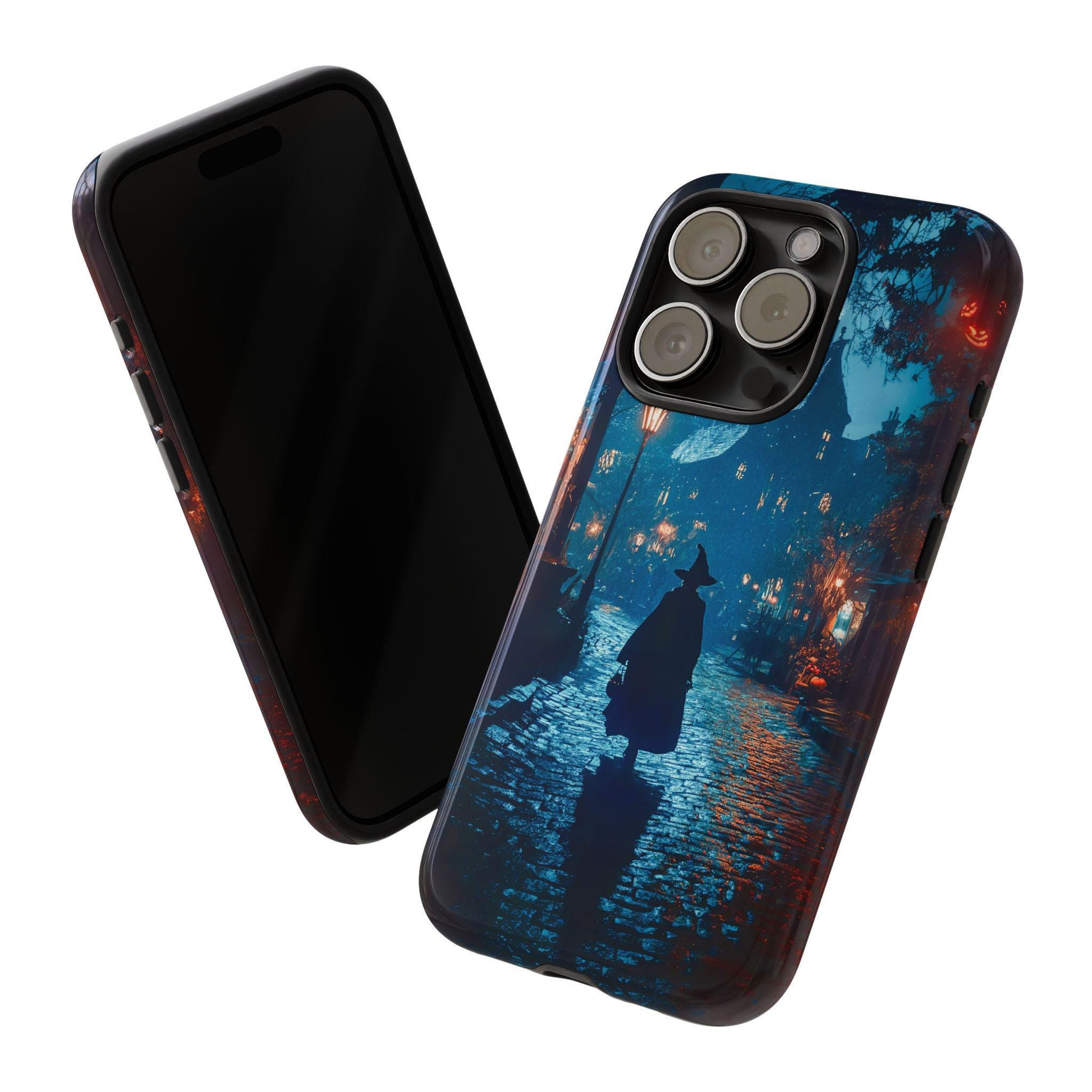 Two smartphones, one facing forward and one backward. The backward-facing phone features the "Witch Walking In Town Halloween Phone Case," showcasing a silhouette of a figure in a hat strolling down a dimly lit street, perfect for fans of dark academia and gothic themes.