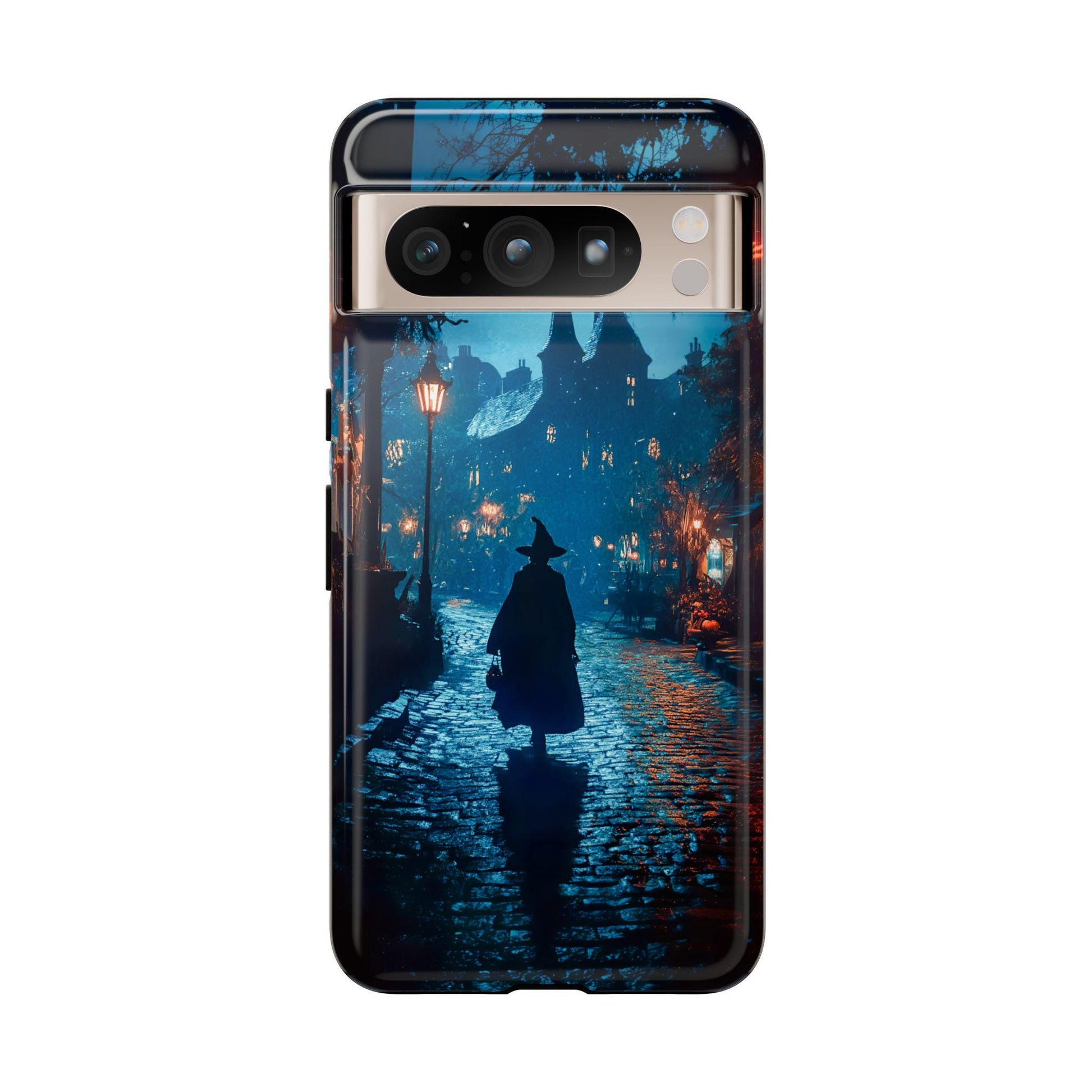 This "Witch Walking In Town Halloween Phone Case" for iPhone 15, 14, 13, Samsung Galaxy, and Google Pixel features a captivating silhouette of a person in a witch hat strolling down a cobblestone street, bathed in the glow of enchanting streetlights and surrounded by gothic buildings beneath a mysterious night sky. It's an ideal choice for enthusiasts of witchcore aesthetics.