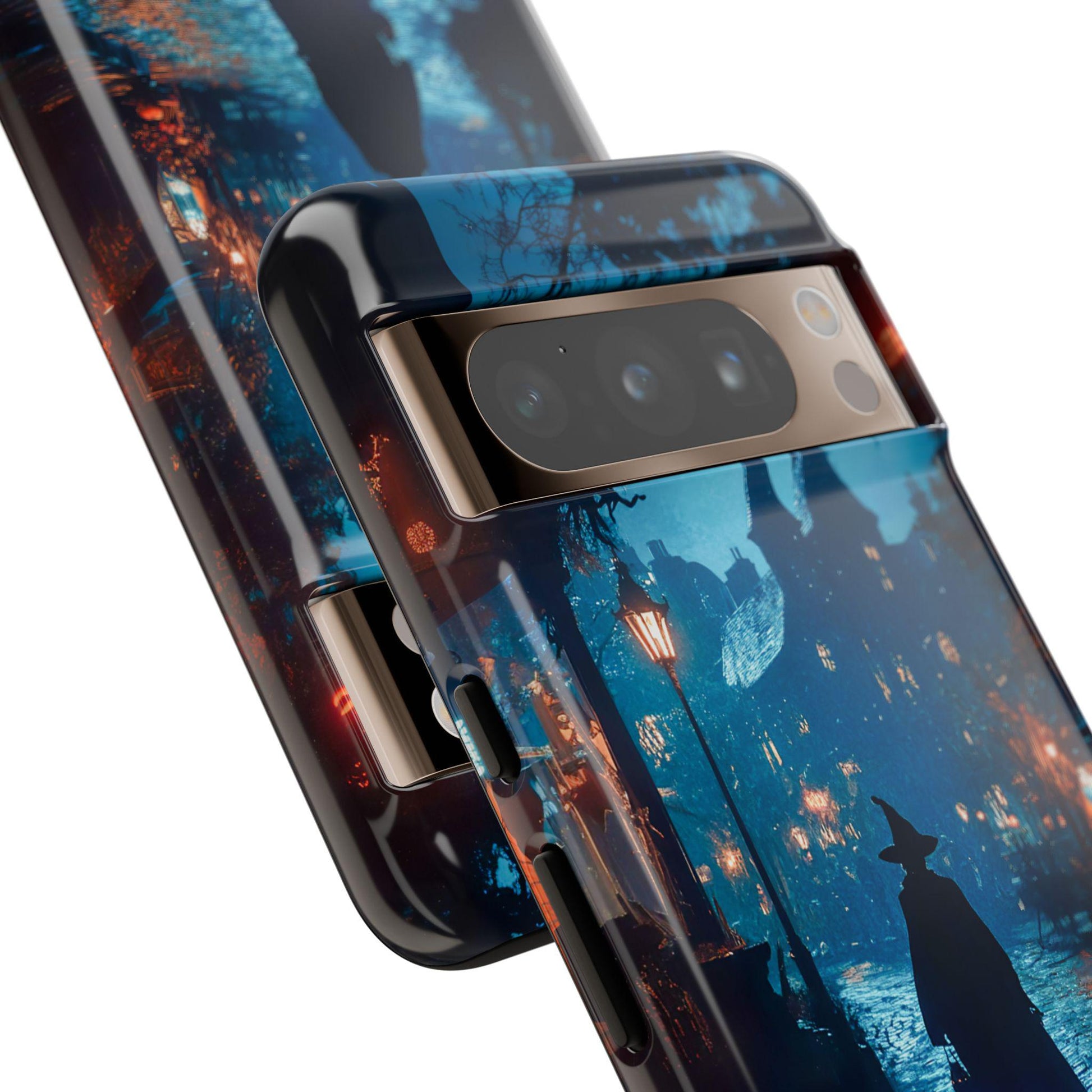 The "Witch Walking In Town Halloween Phone Case" offers two gothic designs showcasing a nighttime scene with a witch, streetlights, and trees in intricate detail. Ideal for fans of witchcore aesthetics, these cases seamlessly merge enchanting mystery with everyday style.