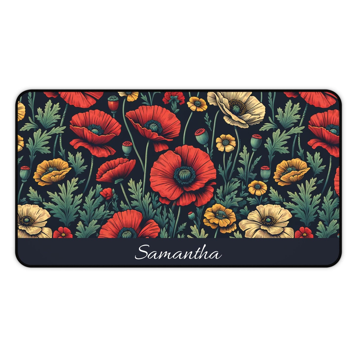 This Personalized Dark Floral Desk Mat showcases a beautiful vintage style garden pattern featuring red, yellow, and orange poppies set against a deep background. The name "Samantha" is elegantly inscribed at the bottom, making it an ideal Wildflower Poppy Mouse Pad for enthusiasts of botanical designs.