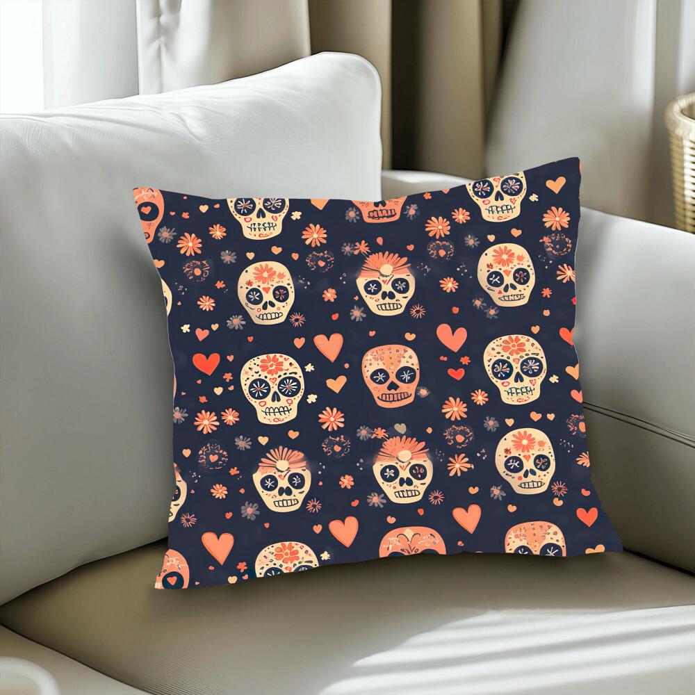 The Day of the Dead Mexican Skull Pillow, a spooky decorative pillow for skull lovers, features intricate patterns of sugar skulls, hearts, and flowers on a dark background, adding a touch of Dia De Los Muertos charm to the light-colored sofa.