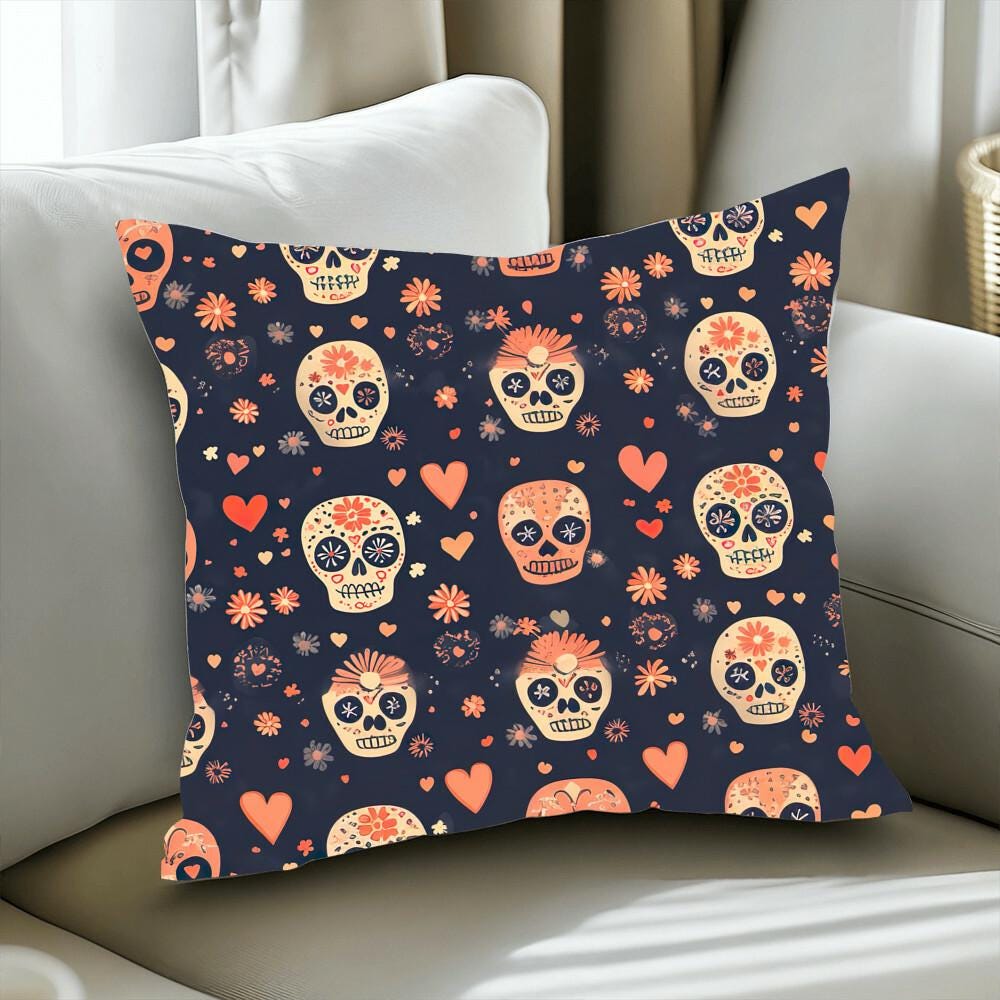 Day of the Dead Mexican Skull Pillow, featuring a vibrant sugar skull and heart design on a navy background, ideal for Dia De Los Muertos enthusiasts and skull lovers.