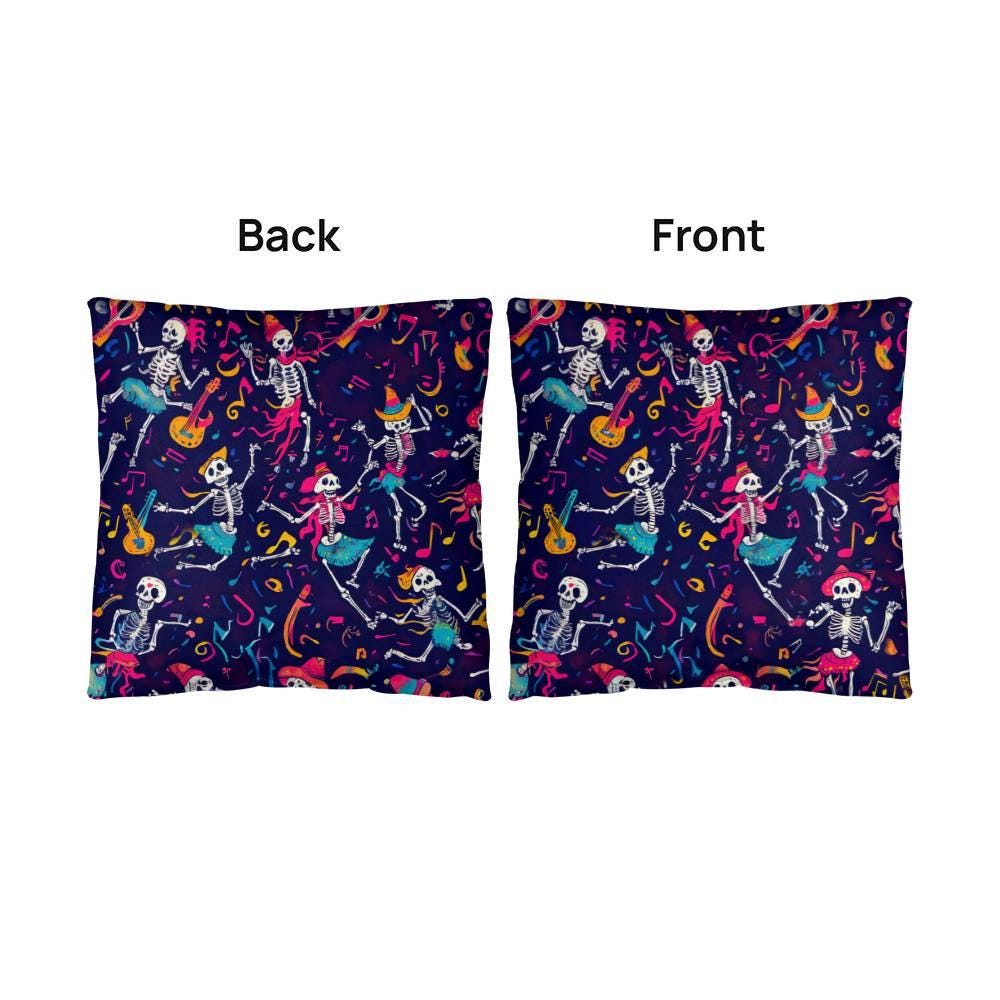 The Dancing Skeleton Pillow showcases a vibrant design of skeletons dancing among colorful musical notes set against a dark background, visible from both front and back. This mystical home decor piece infuses your festive setup with lively Halloween charm, making it an ideal spooky decorative pillow gift for skeleton lovers.