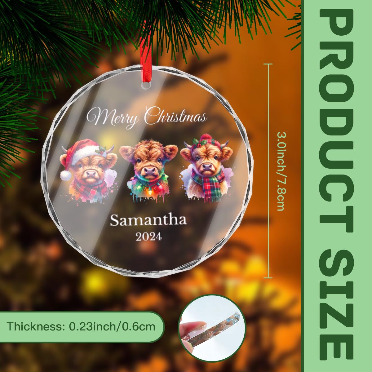 Add a charming touch to your Christmas tree with this delightful Personalized Highland Cow Glass Ornament. Adorned with three festive cows and the text "Merry Christmas," it includes the custom name "Samantha 2024" for a perfect personalized gift. Measuring 3 inches in diameter and 0.23 inches in thickness, it's a cheerful holiday addition for any setting! Ideal for Highland Cow lovers, this festive decoration will brighten up your Xmas decor.