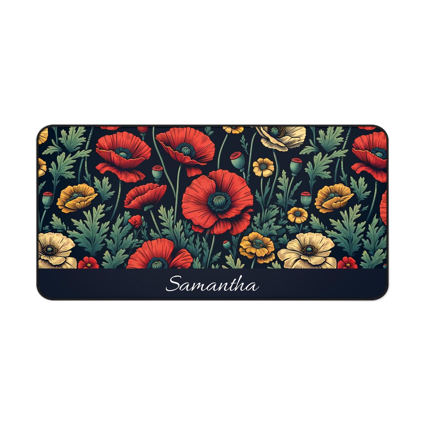 A rectangular nameplate displaying the name "Samantha" features a lively floral design of red and yellow poppies on a dark background, similar to the Personalized Dark Floral Desk Mat for poppy lovers.