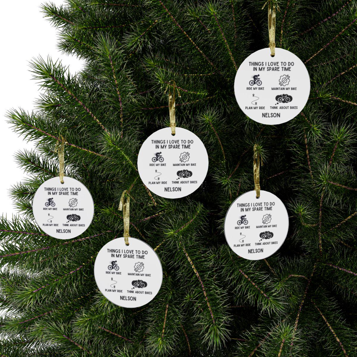A Christmas tree decorated with the Personalized Cyclist Ornament, a custom name transparent acrylic cycling ornament, highlights hobbies such as reading, cycling, and beekeeping. Each round ornament captures a unique interest, creating a festive and meaningful display—ideal as a funny cyclist gift or a thoughtful keepsake for hobby enthusiasts.