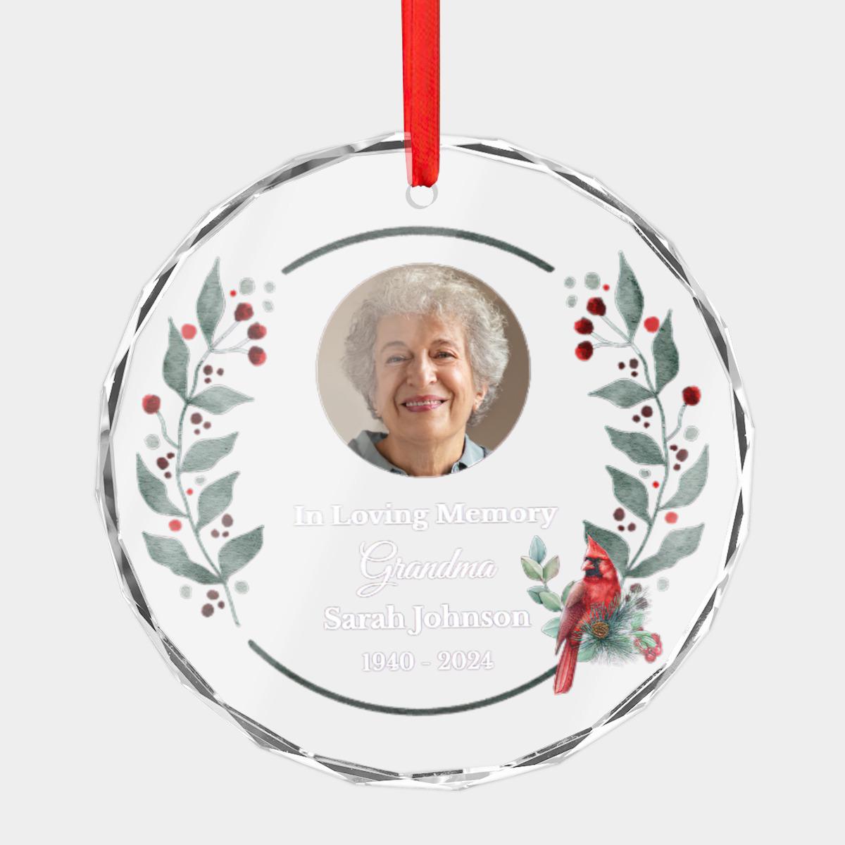Commemorate cherished memories with the Custom Cardinal Memorial CRYSTAL GLASS Ornament. This beautiful piece displays a photo of an elderly woman surrounded by a floral design, accompanied by the inscription: "In Loving Memory, Grandma Sarah Johnson, 1940-2024." It's a thoughtful bereavement gift that embodies heartfelt remembrance.