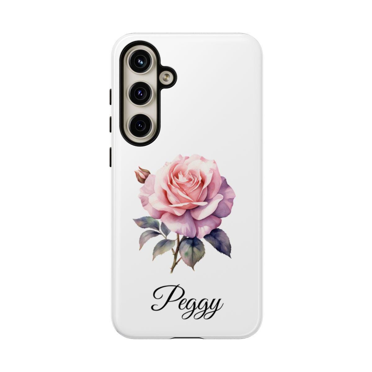 This Personalized Birth Month Flower Phone Case showcases a stunning pink rose illustration, the symbolic birth flower, with "Peggy" elegantly printed at the bottom. Ideal for those seeking a unique touch, this custom name cover fits iPhone, Samsung, and Google devices perfectly.