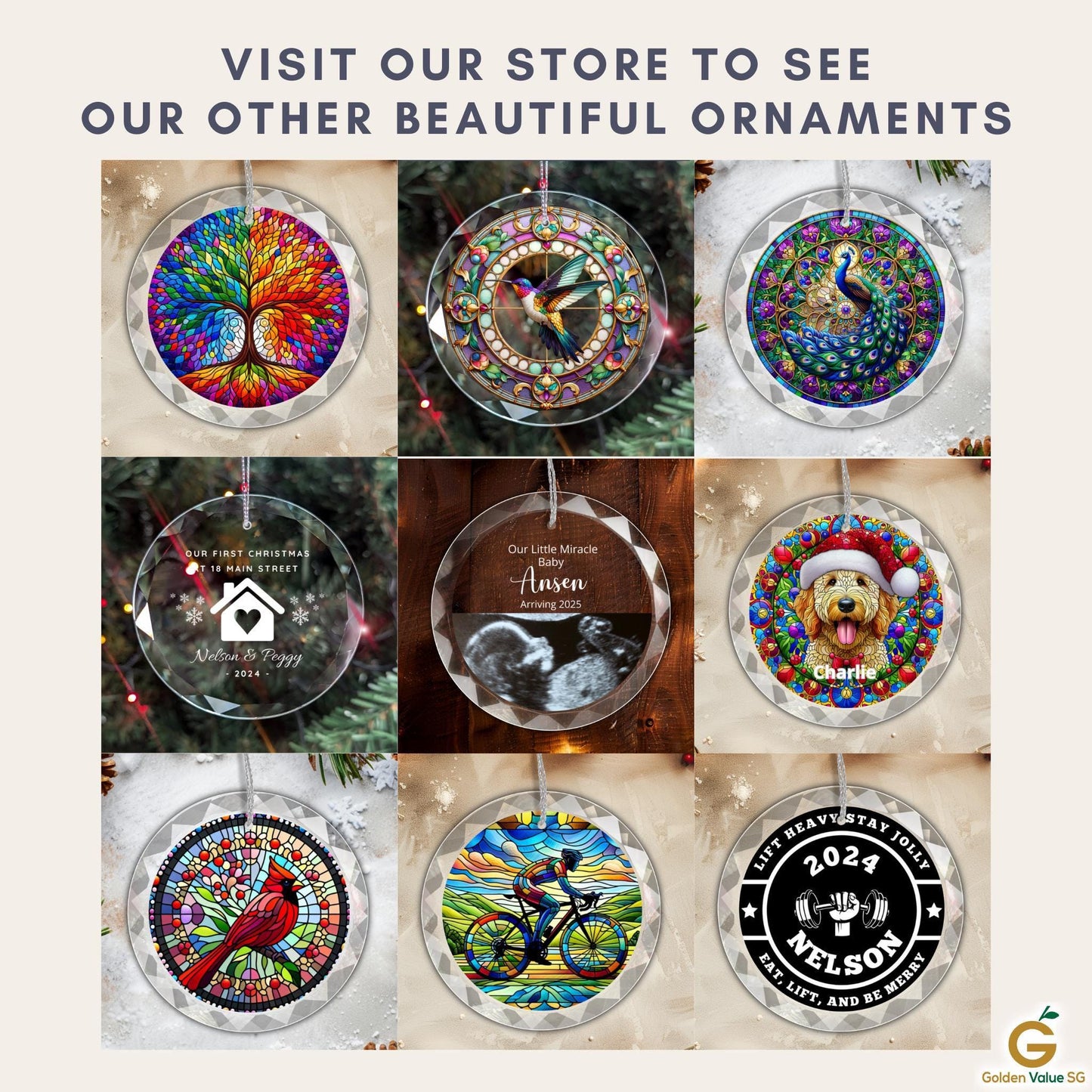 A set of nine decorative ornaments features various designs like animals, bicycles, and trees, with personalized text. Included is the Sparkly Volleyball GLASS Ornament, perfect as a unique Xmas gift keepsake for volleyball players and teams. All ornaments are circular in shape.