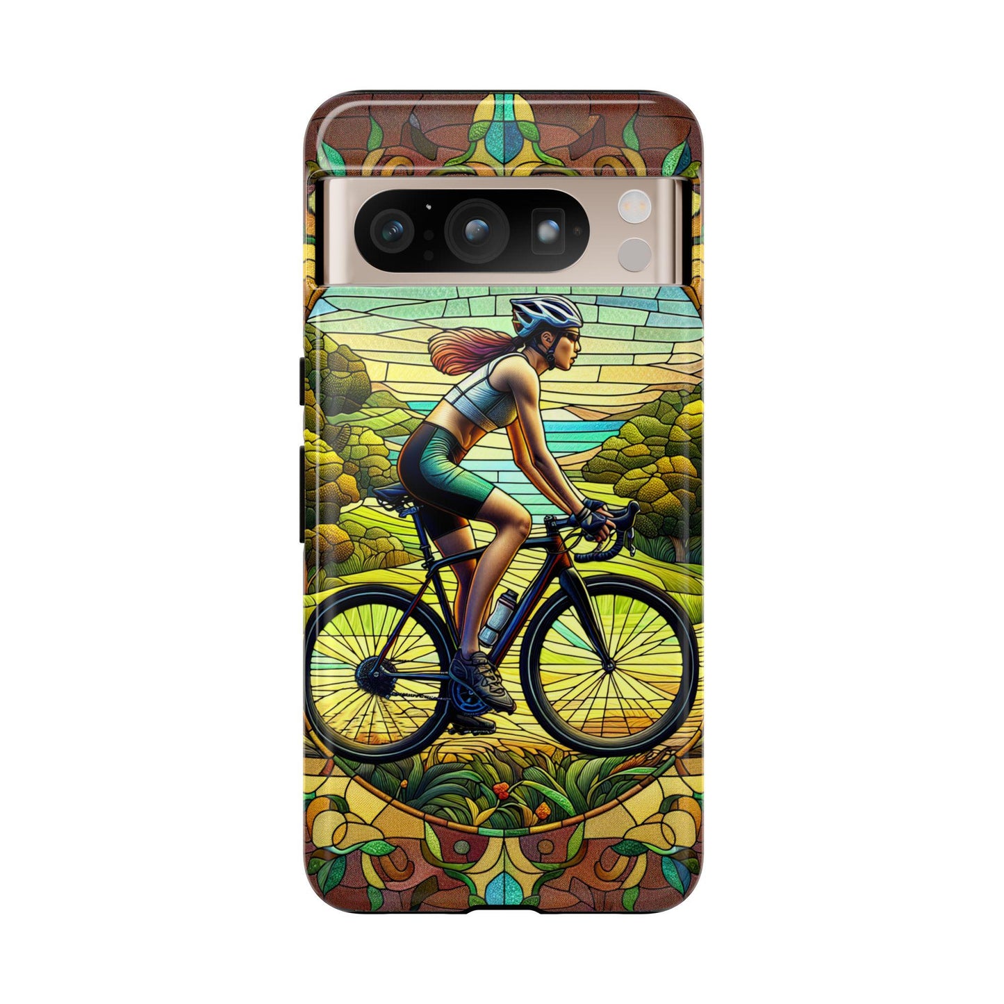The Female Cyclist Phone Case, with a faux stained glass design, is an ideal gift for bike lovers and fits iPhone 16, 15, 14, 13 Pro, Samsung, and Pixel models.