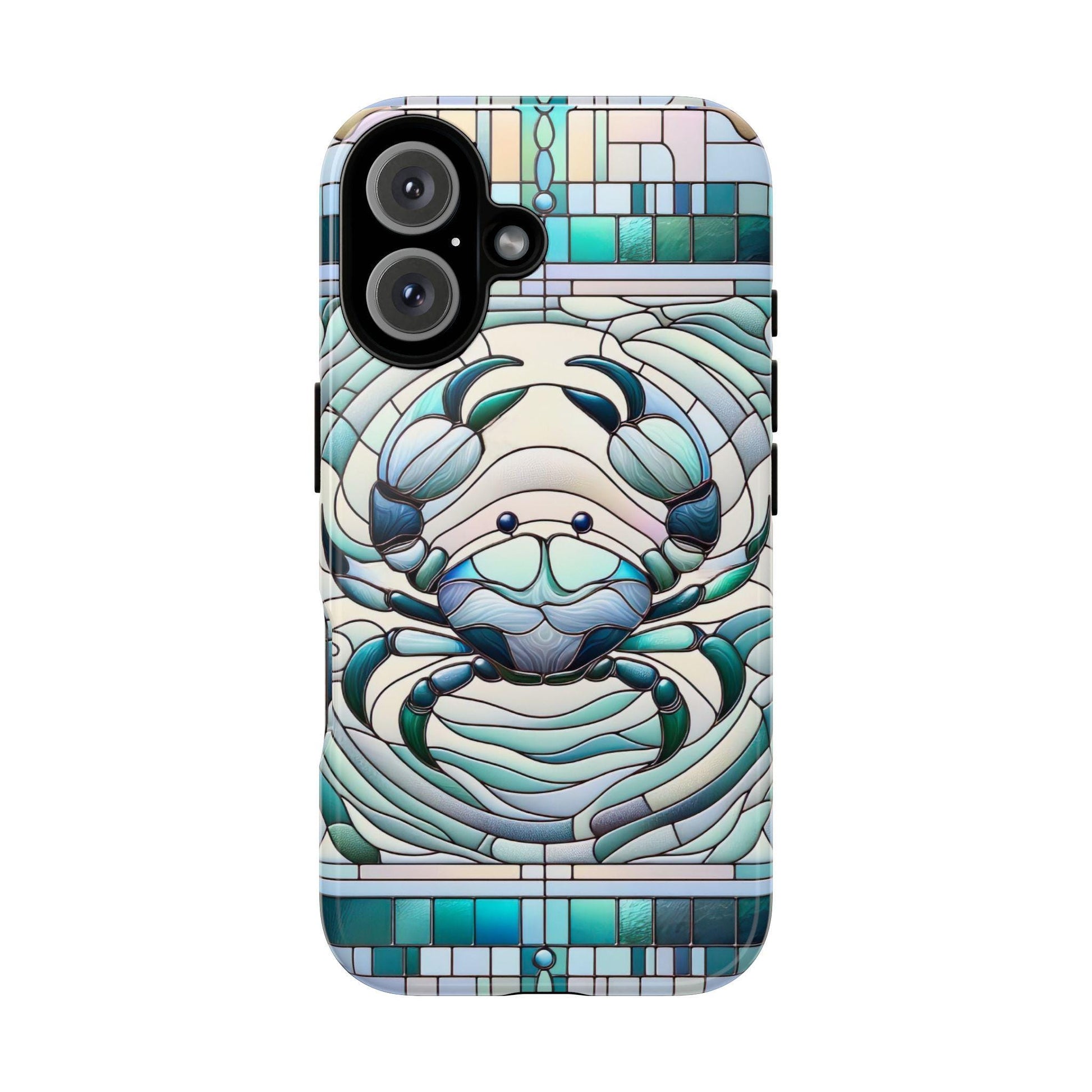 Introducing the Zodiac Cancer Faux Stained Glass Mosaic Phone Case by Golden Value SG, featuring a captivating blue and turquoise crab design set against a backdrop of intricate geometric patterns.