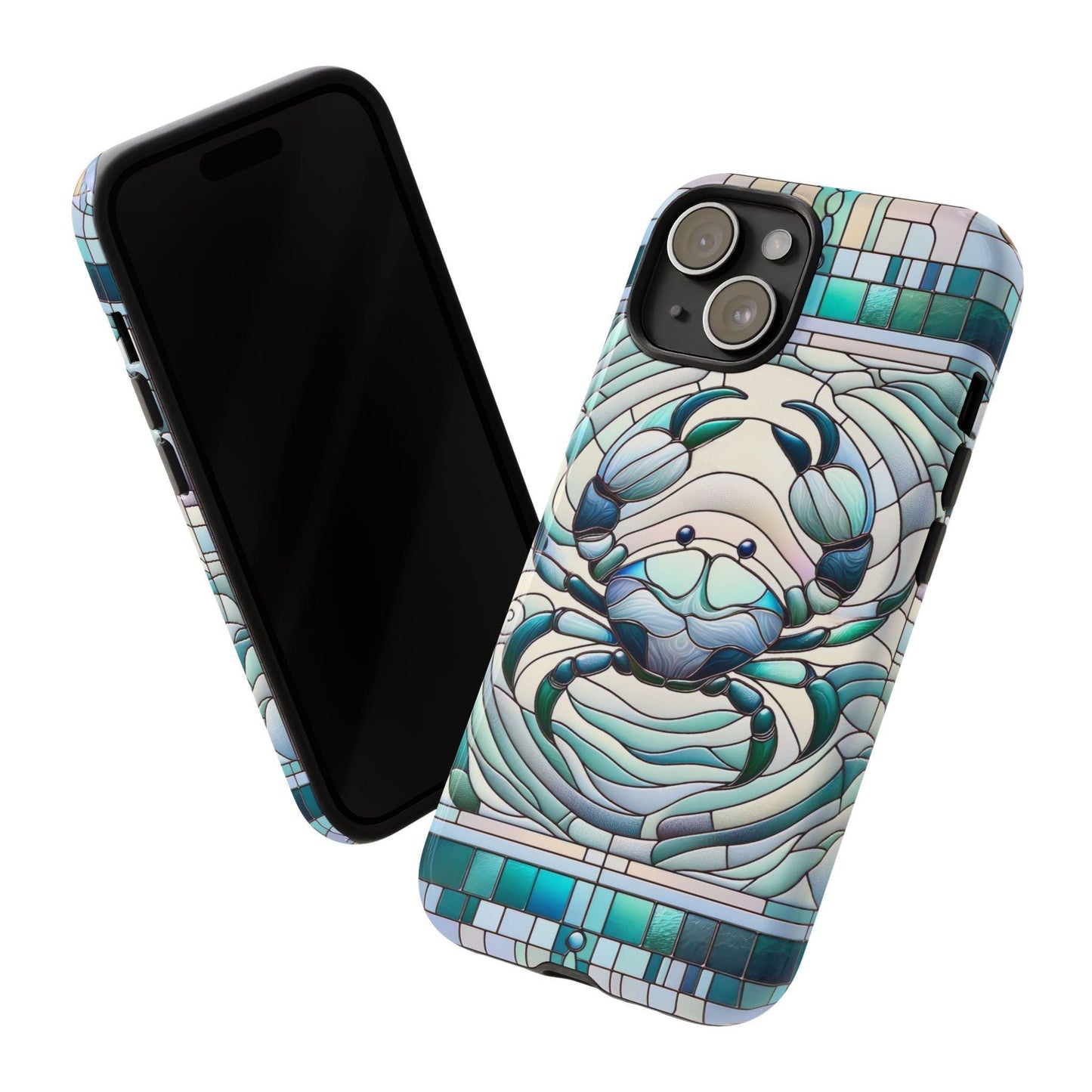 Two smartphones in colorful cases feature a Zodiac Cancer faux stained-glass mosaic design, perfect for astrology enthusiasts. One phone's screen is visible while the other highlights its artistic back, making it an ideal horoscope accessory for iPhone, Samsung, and Pixel users.