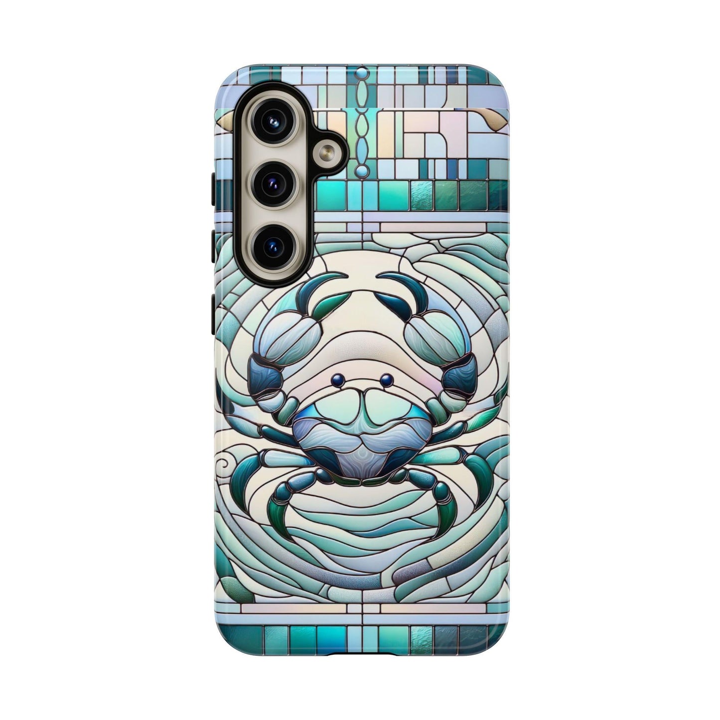 This Zodiac Cancer phone case features a blue and green crab in a faux stained glass mosaic design, perfect for astrology enthusiasts with an iPhone, Samsung, or Pixel.