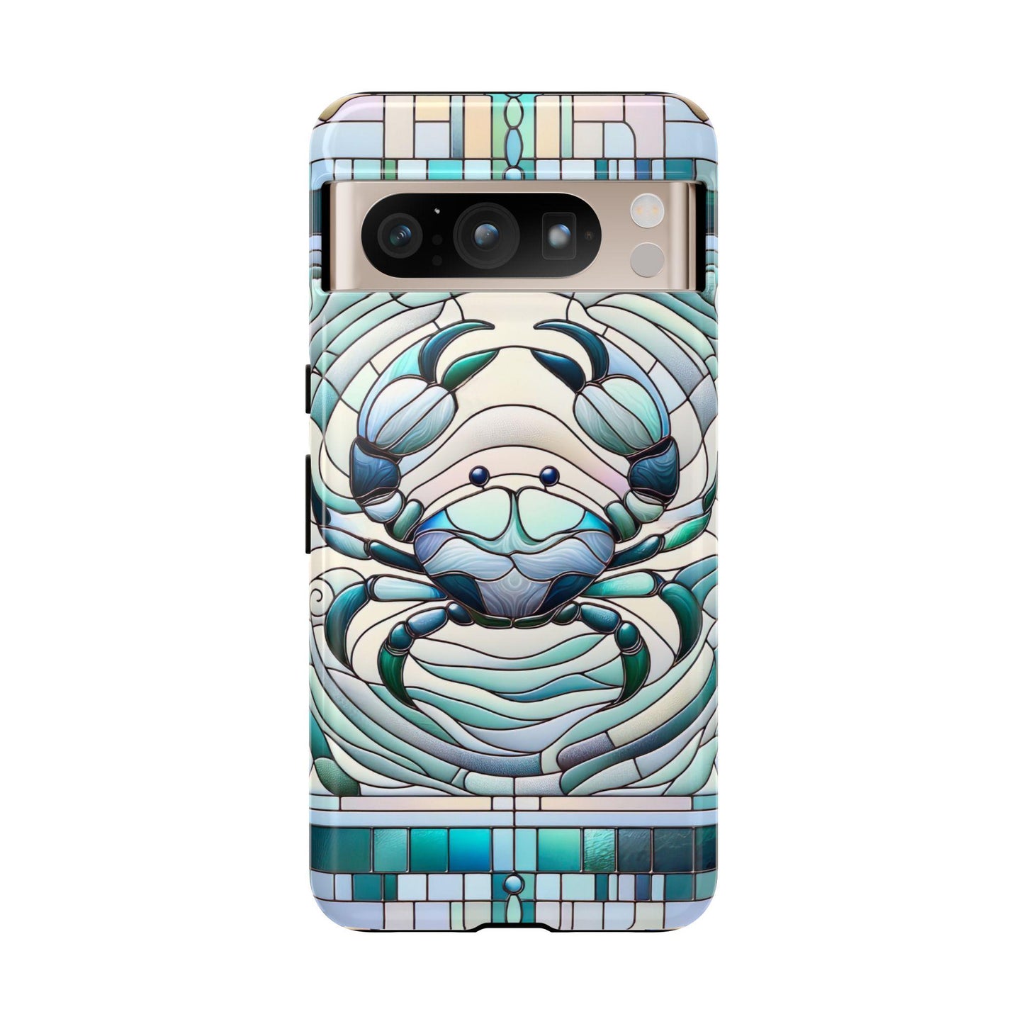 The Zodiac Cancer Faux Stained Glass Mosaic Phone Case features a crab in swirling blue and green patterns, offering an astrology-inspired accessory for iPhone, Samsung, and Pixel models.