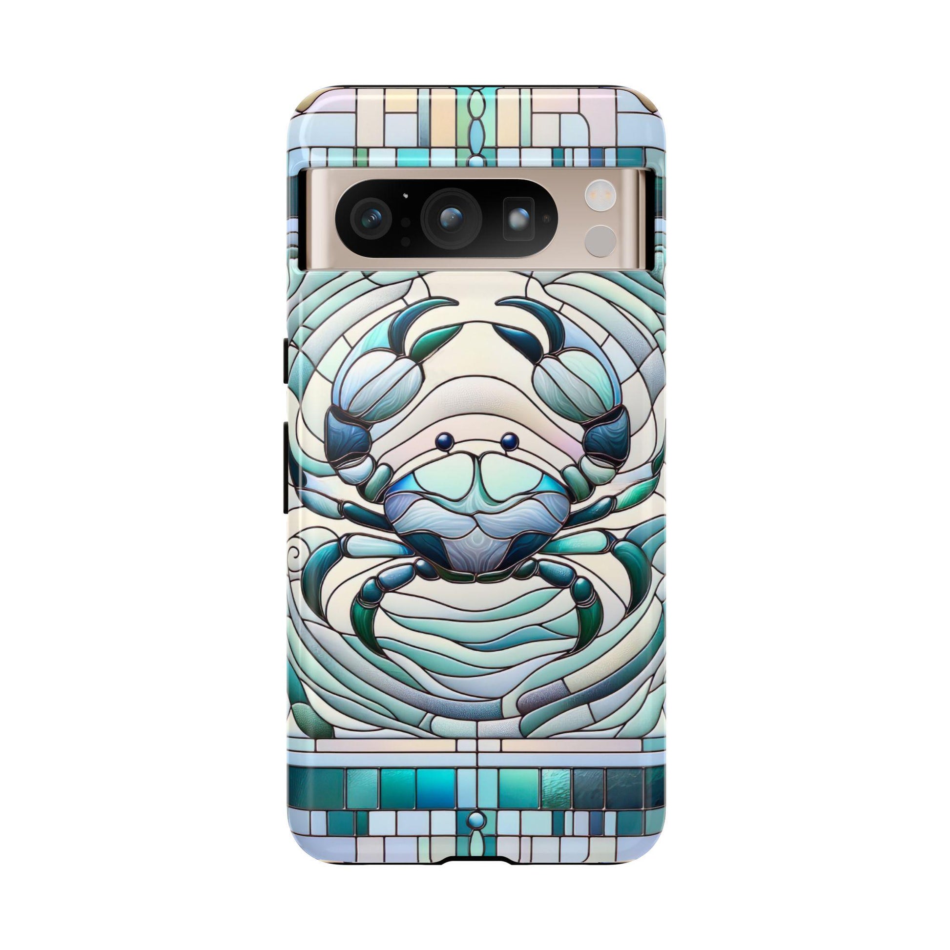 The Zodiac Cancer Faux Stained Glass Mosaic Phone Case features a crab in swirling blue and green patterns, offering an astrology-inspired accessory for iPhone, Samsung, and Pixel models.