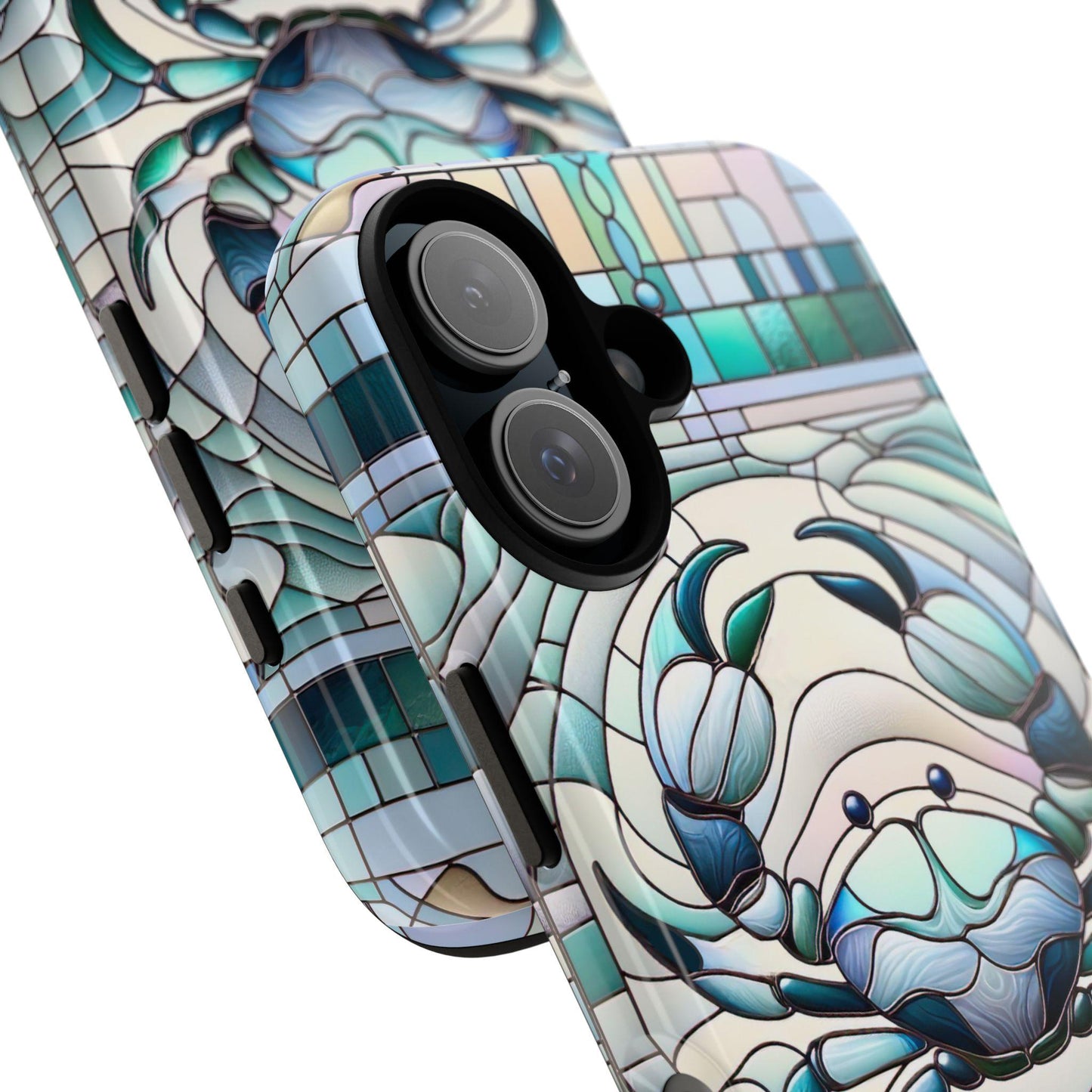 Astrology-themed phone accessory: The Zodiac Cancer faux stained glass mosaic phone case features a teal and white crab design. Ideal for iPhone, Samsung & Pixel, perfect as a Cancer horoscope gift.