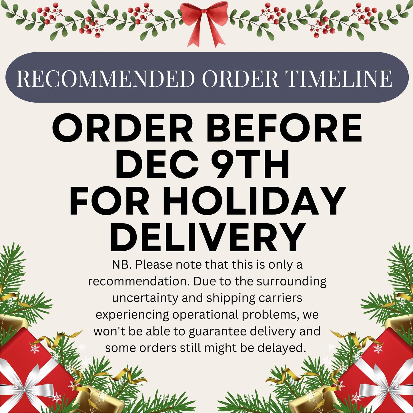 Order by December 9th to avoid holiday shipping delays. The notice, adorned with a festive border of greenery and ribbons, resembles the September Birth Flower Morning Glory Phone Cover—a faux stained glass wildflower case perfect for iPhones, Samsung, and Pixel models.