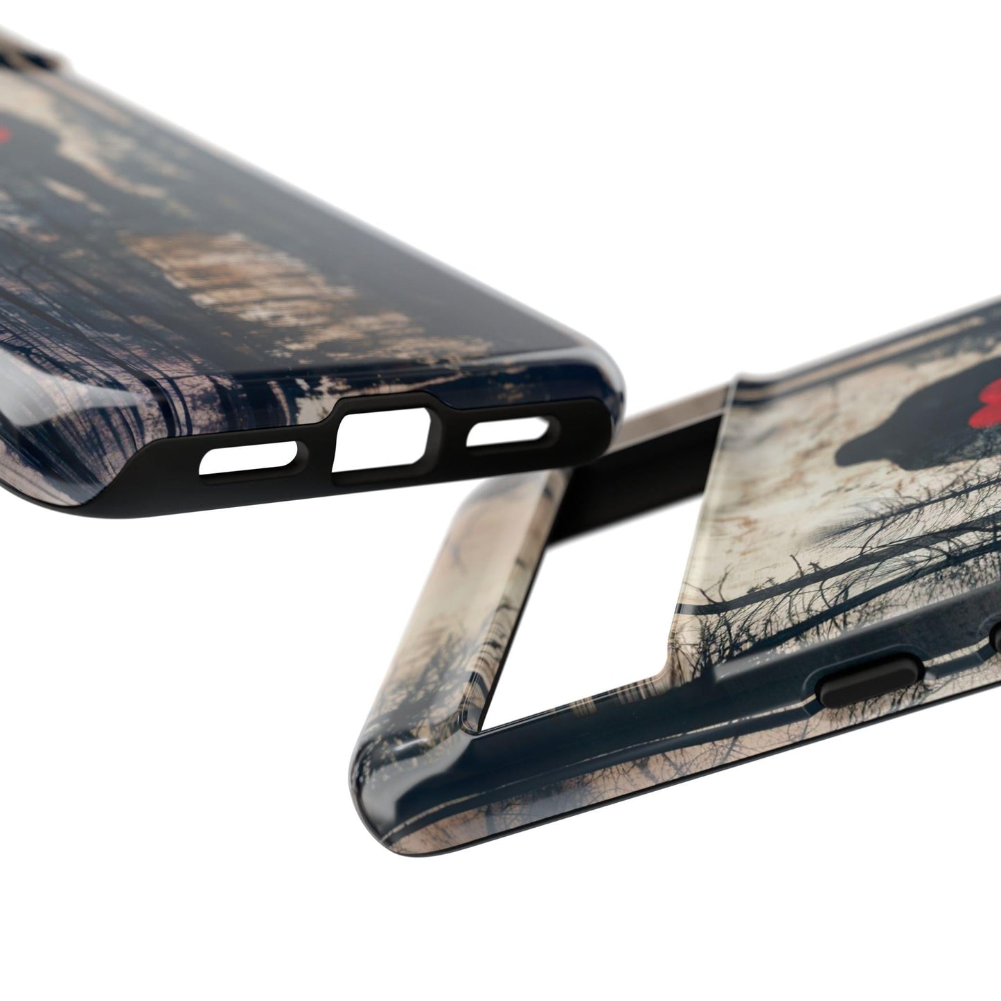 Two forest-themed phone cases with heart silhouettes are shown; one resembles the "Bigfoot Silhouette Phone Case" and features a sliding card compartment partially open.