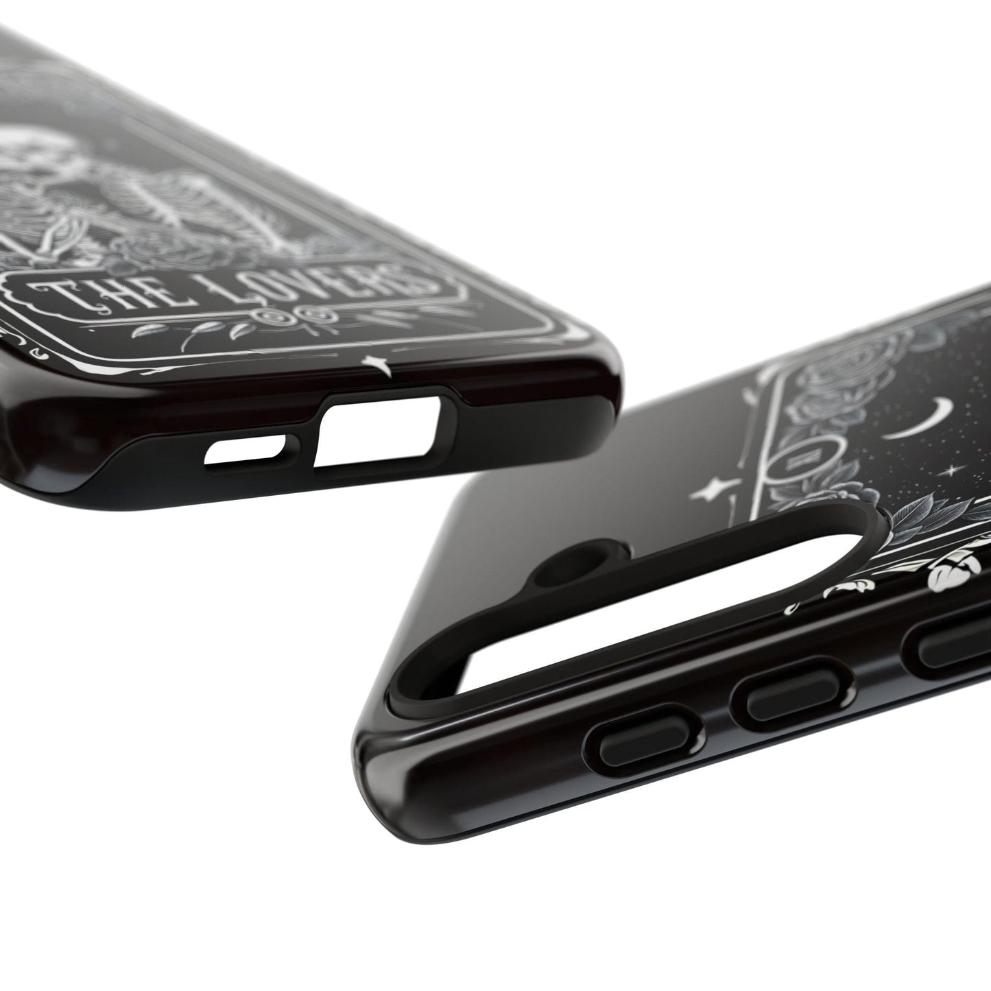Two black Gothic phone cases feature intricate tarot card designs, text, and decorative patterns that capture a mystical essence. The image highlights the precise edges and button cutouts. These are great Valentine's or birthday gifts for couples with iPhone 16 15 14 13, Samsung Galaxy & Pixel models.