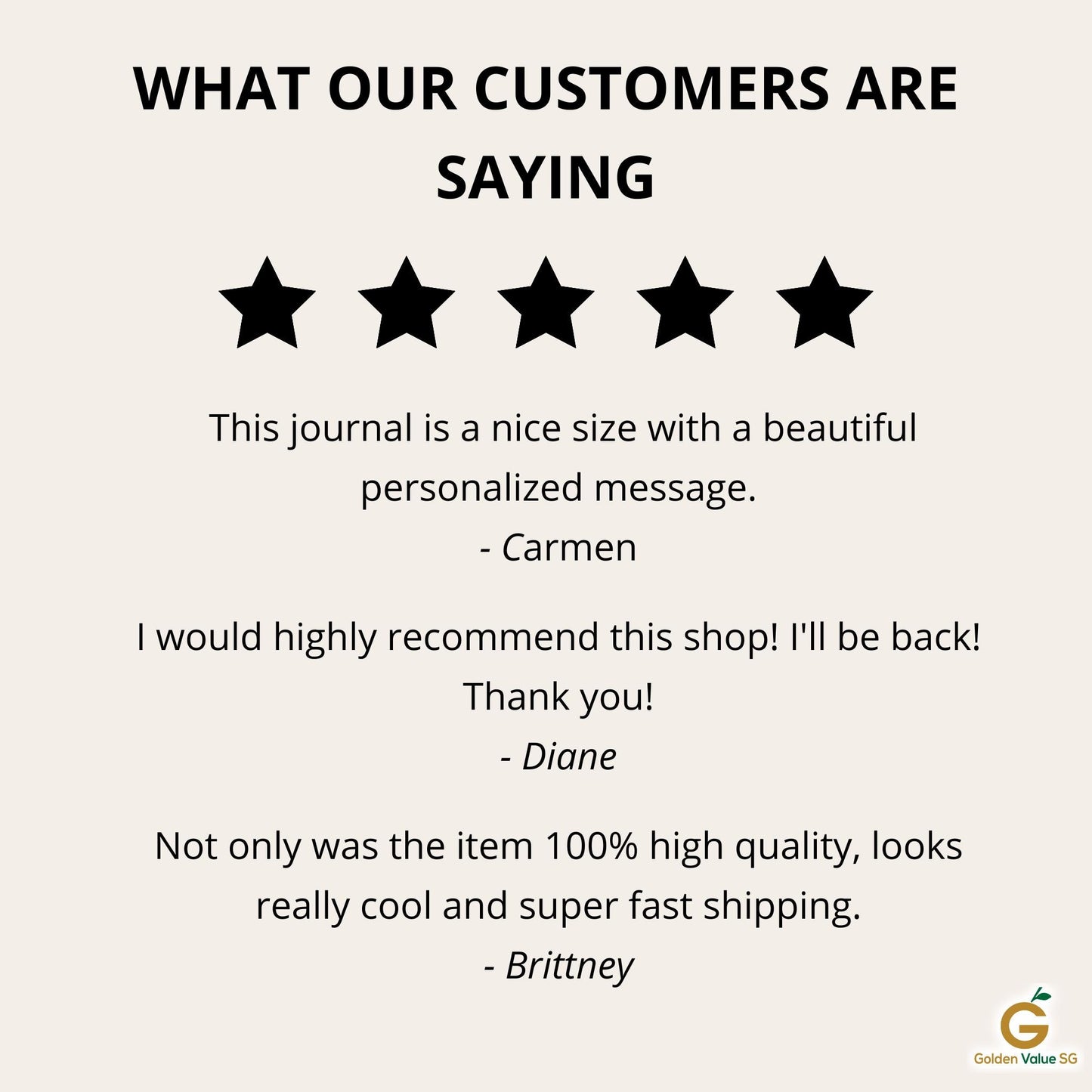 A testimonial image with five stars praises the shop's exceptional products, such as the "Personalized Be Your Own Kind Of Beautiful Leather Journal"—a perfect birthday gift. Attributed to Carmen, Diane, and Brittney, the shop's logo appears at the bottom right corner.