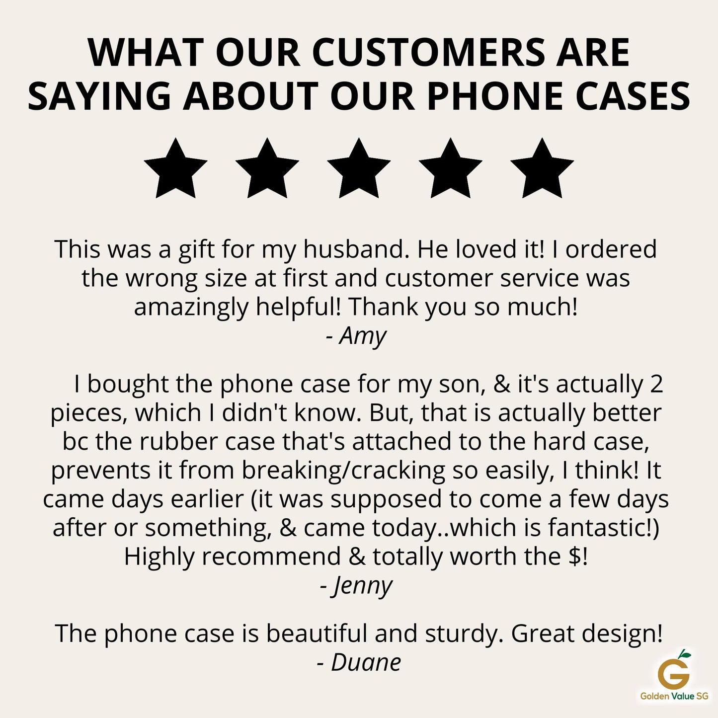 Customer reviews and ratings for Golden Value SG emphasize their great service and quality, along with the appeal of Personalized His Queen Her King Couple Phone Cases as a romantic gift choice, ideal for occasions like Valentine's Day or birthdays.