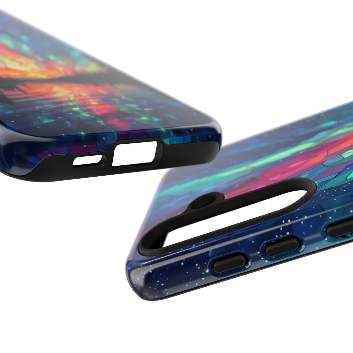 Two close-up views of the "Aurora Inspired Design Stained Glass Phone Case," featuring blue, pink, and orange shades. The case offers precise cutouts for ports and buttons on iPhone 15, 14, 13, 12 Pro, Samsung Pixel models—ideal as an Aurora lover gift.