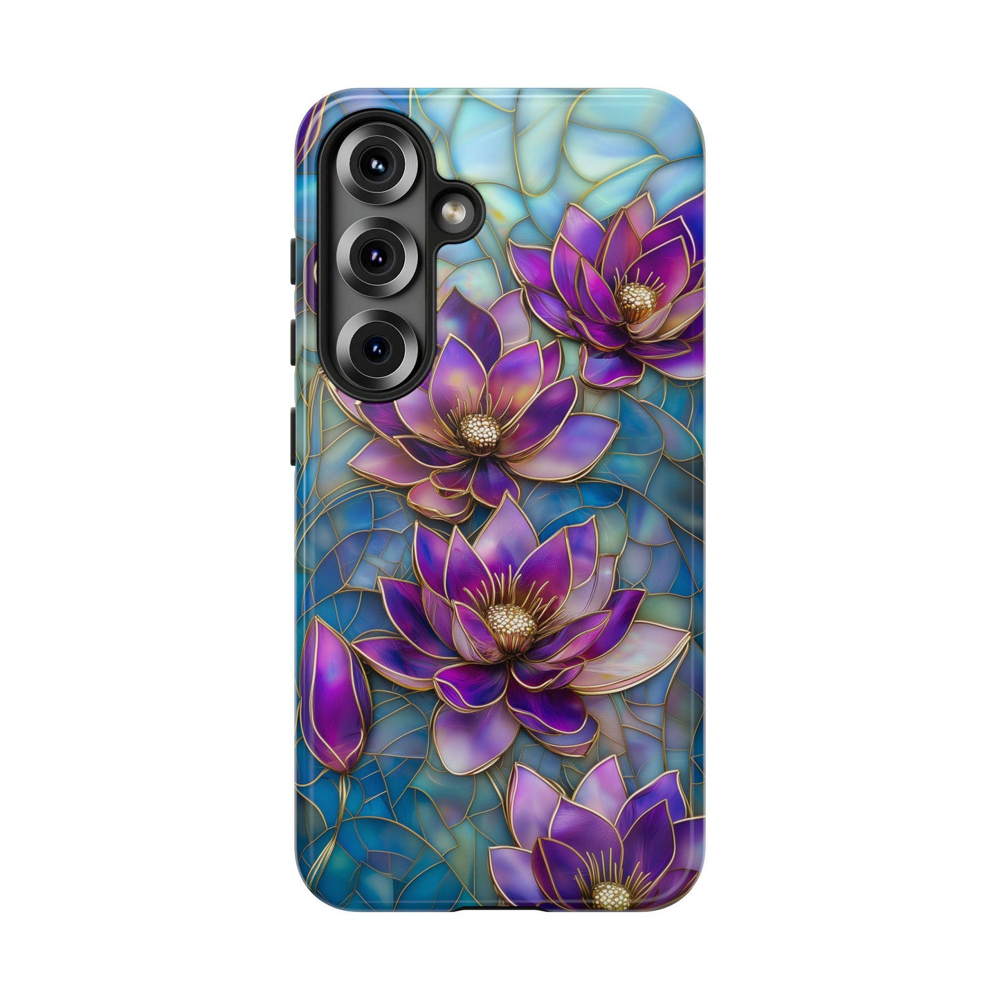 Purple Lotus Phone Case for iPhone 17, Samsung S26 & Pixel 9 Series, Stained Glass Floral Cover, Boho Aesthetic Floral Art Phone Gift