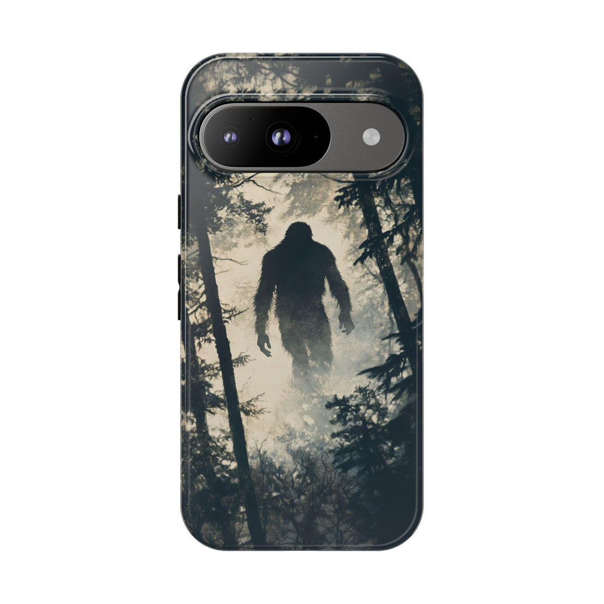 A black phone case featuring a dark silhouette of Bigfoot walking through a misty forest.