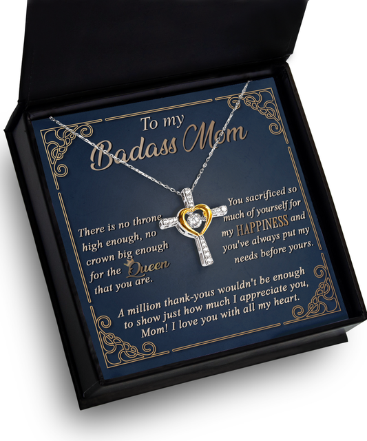 A heart-shaped pendant with a key in a gift box inscribed with a heartfelt message for a mother, featuring the To Mom, The Queen - Cross Dancing Necklace.