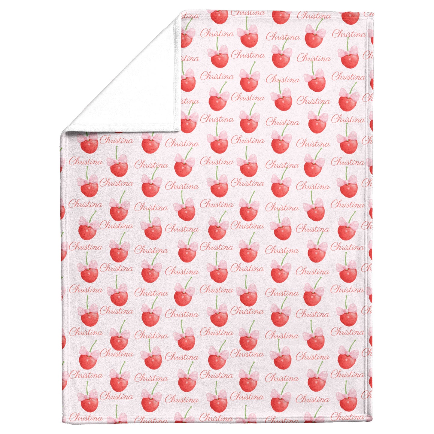 The Custom Coquette Cherry Bow Seamless Pattern Fleece Blanket features a dreamy white base with red cherries, the name "Christina," and pink ribbon French bow accents, embodying the girly cottagecore aesthetic.