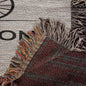 Close-up of the fringed corner of a Personalized Life Is A Sweet Ride Cycling Couple Heirloom Woven Blanket, showcasing multicolored threads on a textured background.
