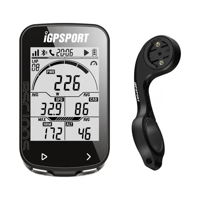 A GPS Bike Computer IGPSPORT BSC100S Cycle Wireless Speedometer displaying cycling metrics such as power, speed, heart rate, and altitude on its screen.