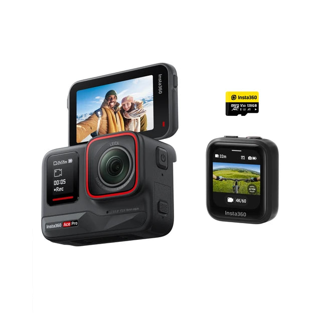 The Insta360 Ace Pro, an 8K/4K Leica action camera with modular design and detachable screen and lens, is displayed with a microSD card.
