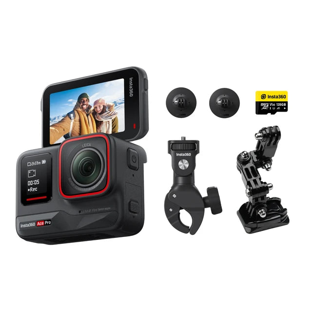 The Insta360 Ace Pro camera displays a selfie on an open screen, surrounded by two mounts, a clamp, and a memory card on a white background.